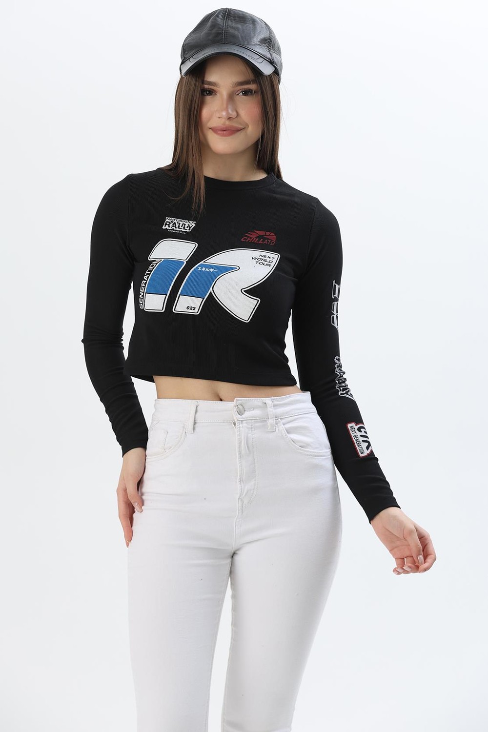 Baskılı İnce Fitilli Crop Ottoman Bluz Siyah