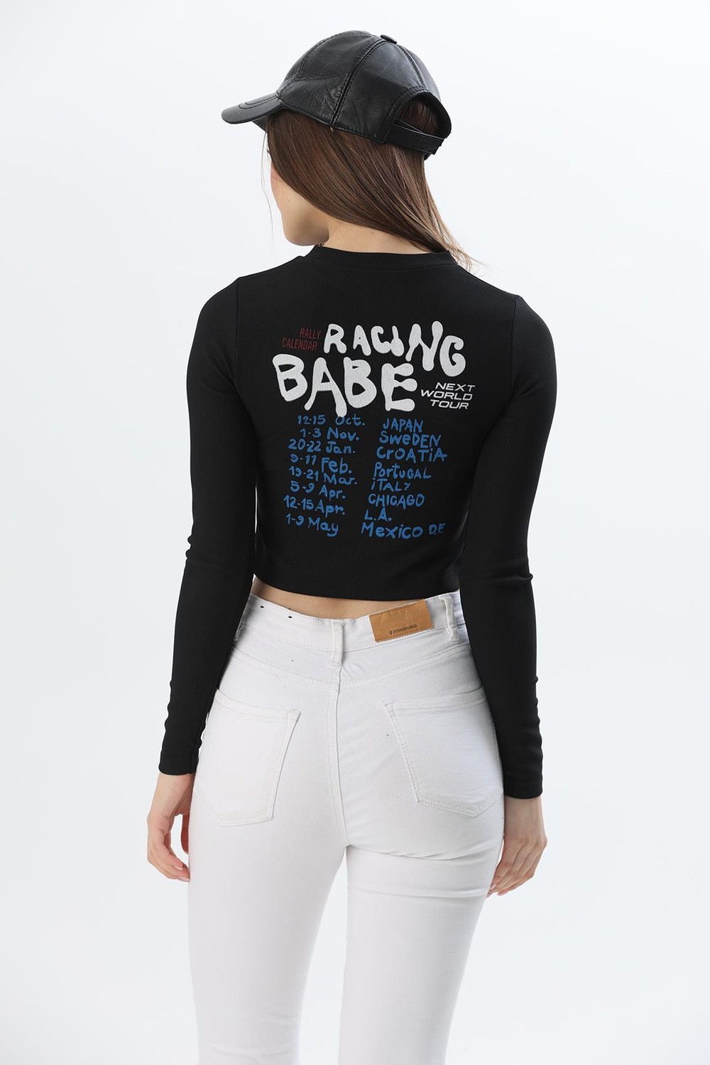 Baskılı İnce Fitilli Crop Ottoman Bluz Siyah