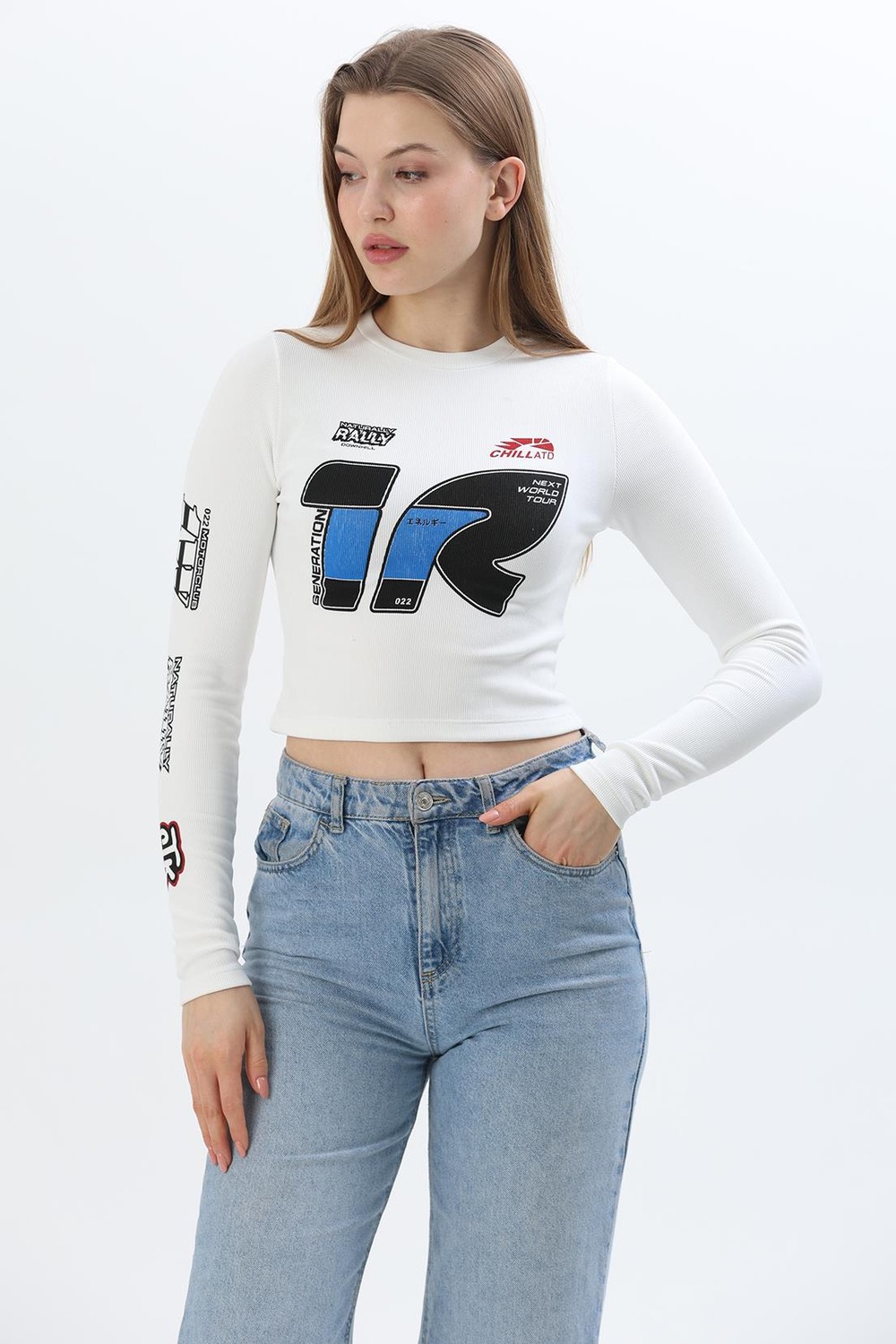 Baskılı İnce Fitilli Crop Ottoman Bluz Beyaz
