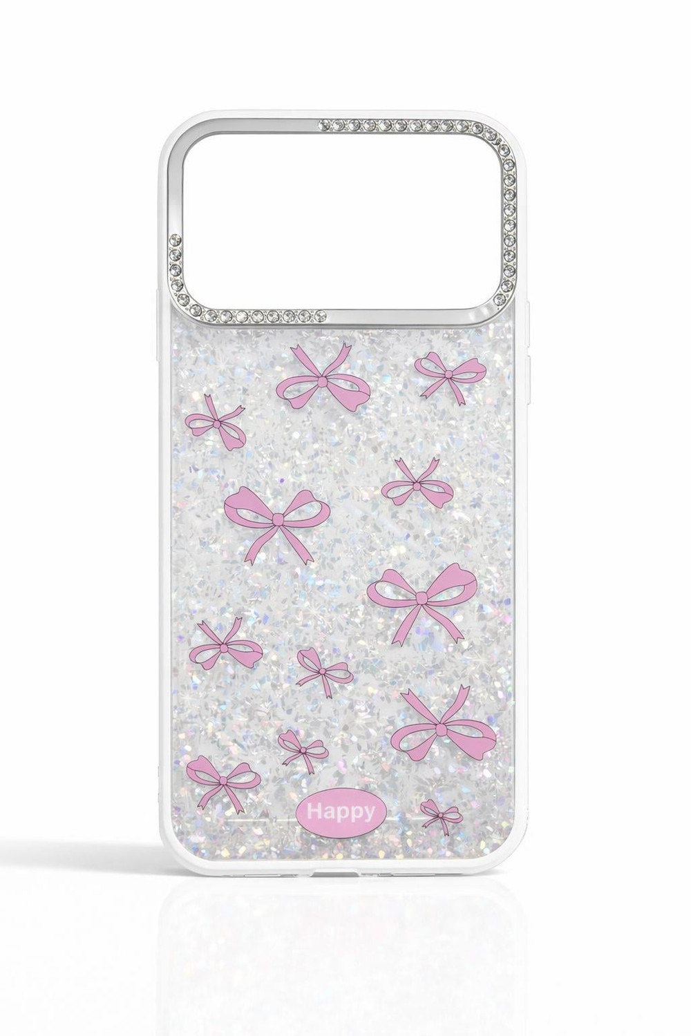 iPhone 17 Pro Uyumlu Kurdele Detaylı Glitter ve Taşlı Kılıf Şeffaf