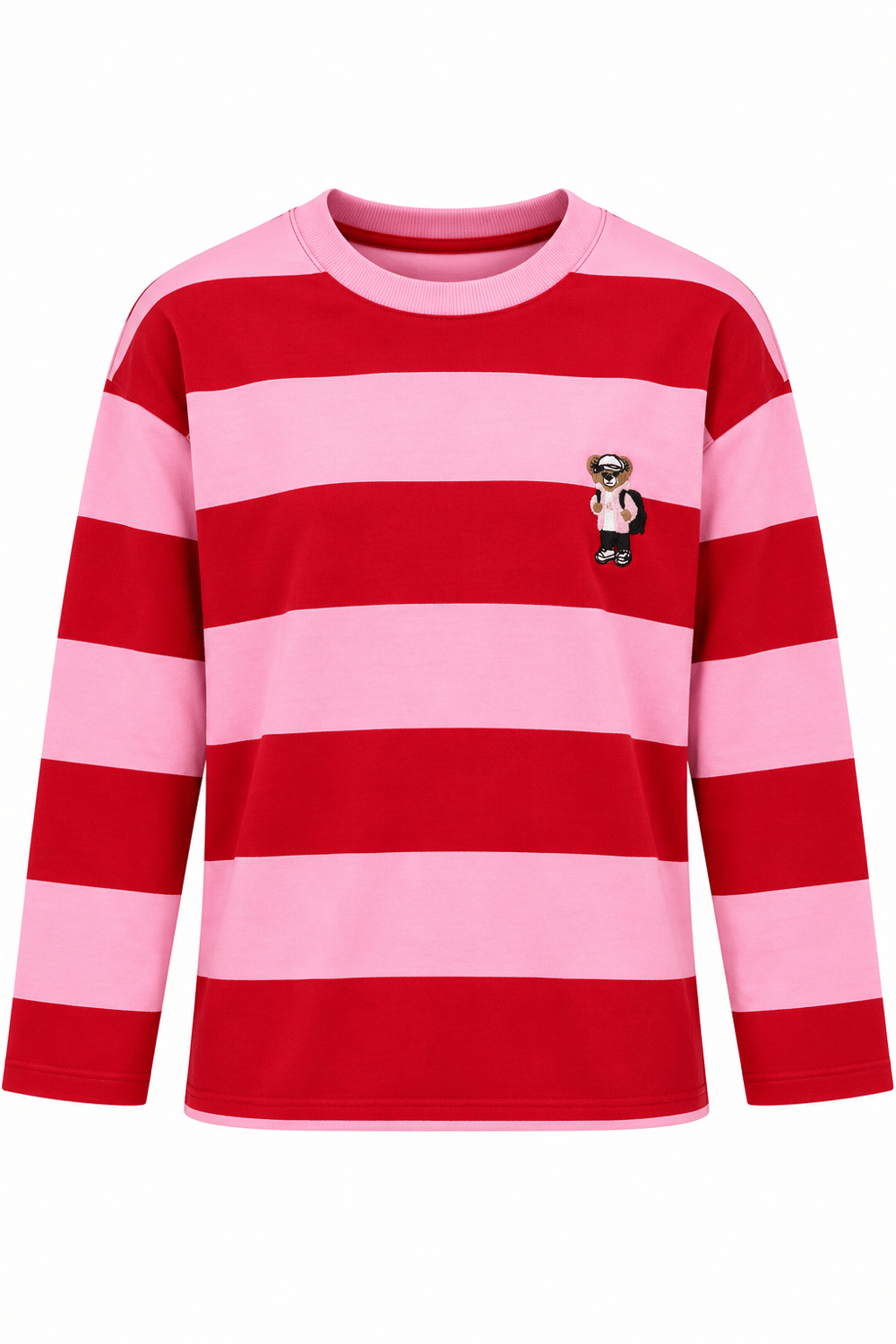 Kadın Uzun Kollu Çizgili Ayıcık Desenli Sweatshirt Pembe