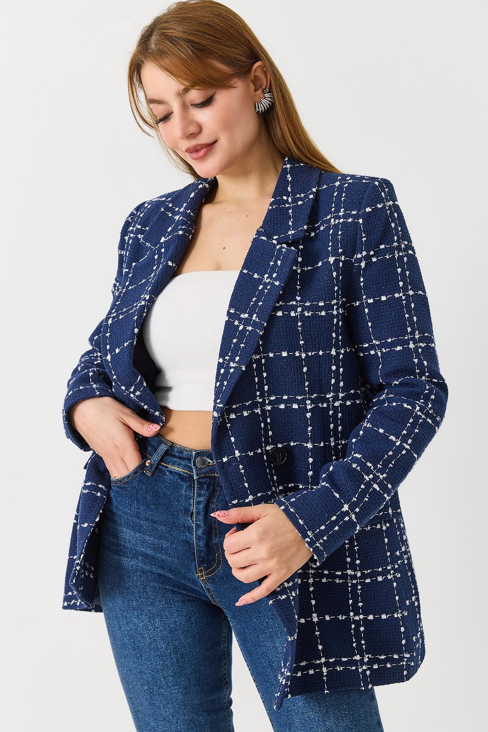Kadın Ekoseli Blazer Ceket Lacivert