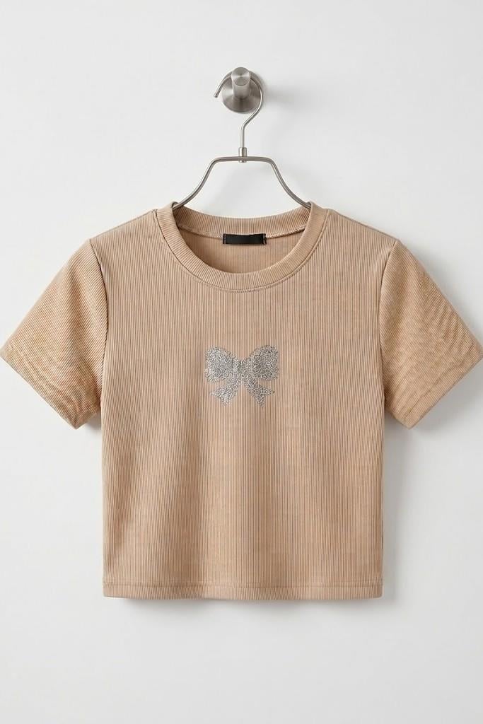 Kadın Taş Baskılı Kısa Kollu Kaşkorse Crop Bluz