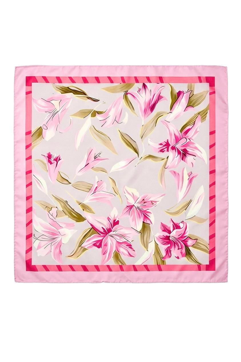 Kadın Çiçek Desenli 45X45 cm Ölçülü Fular Pembe 