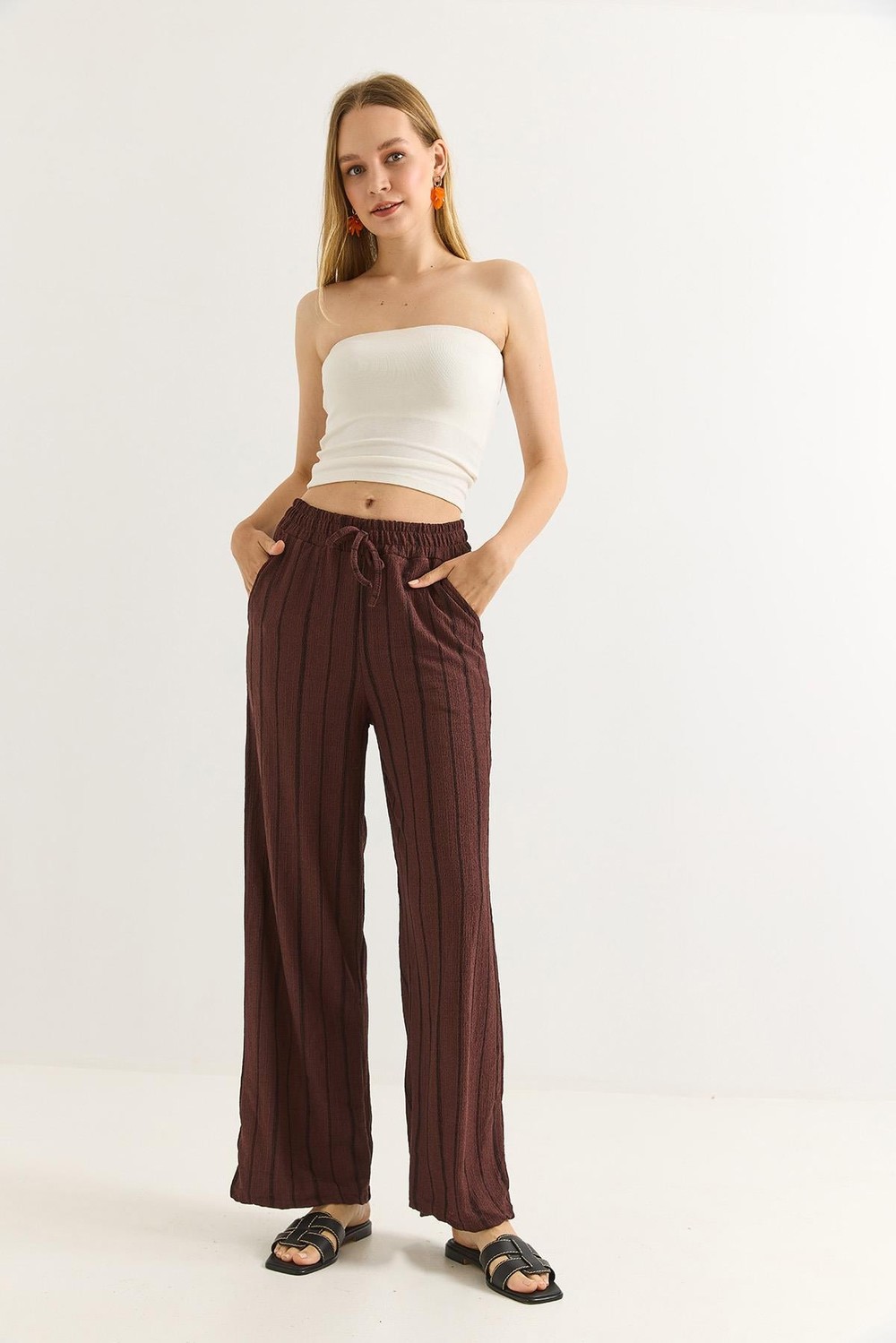 Bürümcük Çizgili Rahat Kesim Pantalon Kahverengi
