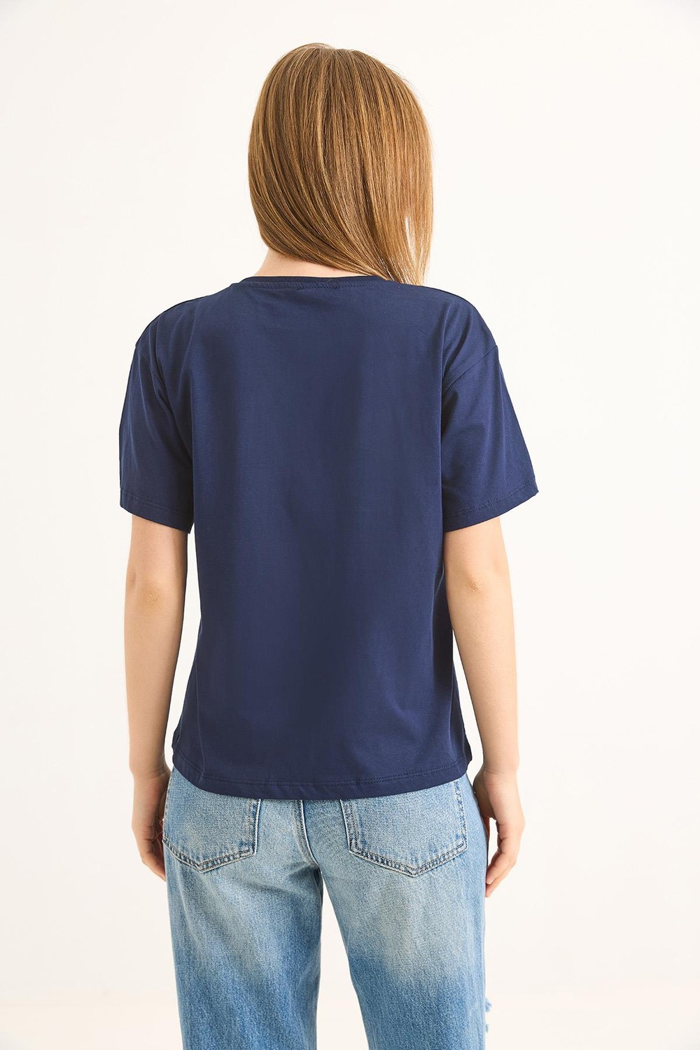Bisiklet Yaka Kısa Kollu Fit Tshirt İndigo