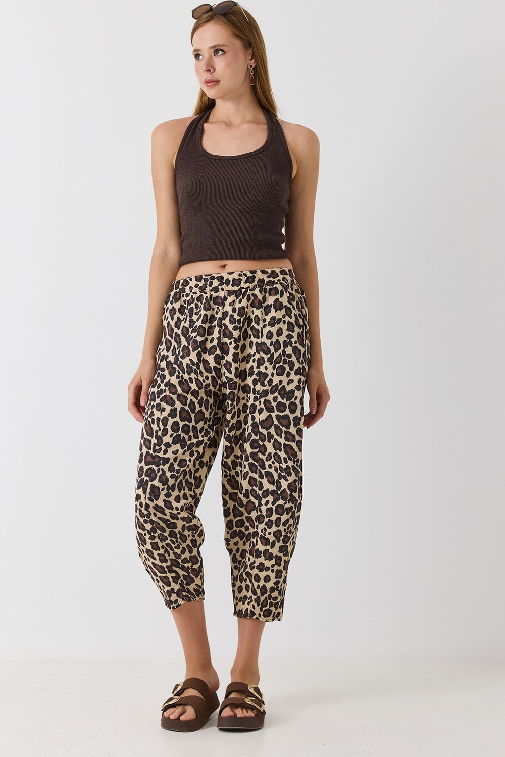 Kadın Beli Lastikli Havuç Kesim Pantolon Leopar