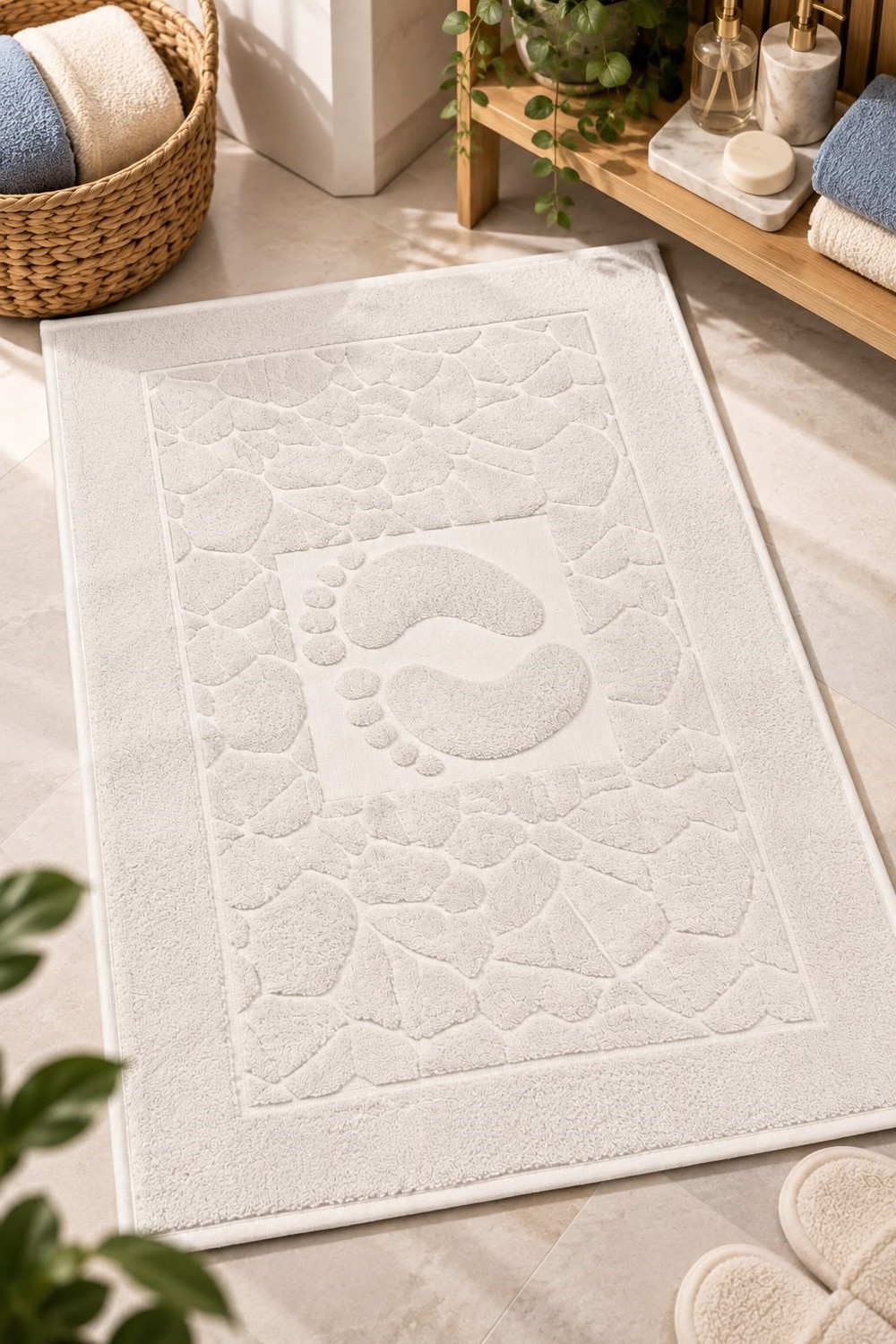 %100 Koton Kendinden Desenli Ayak Havlusu Bej