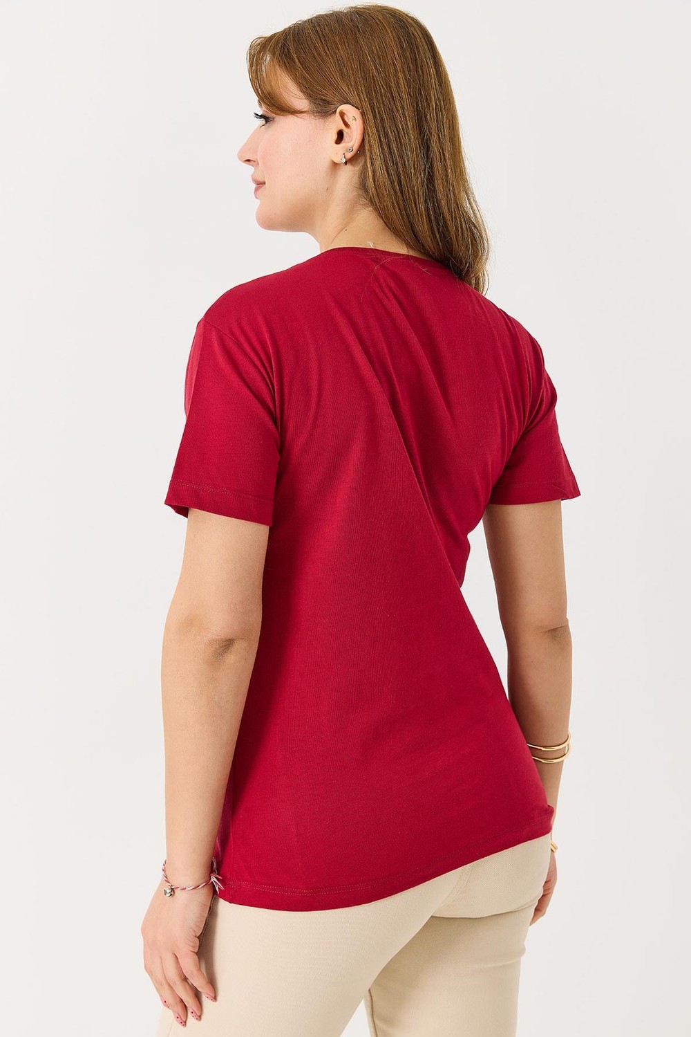 Kadın Palmiye Parlak Baskılı Tshirt Bordo