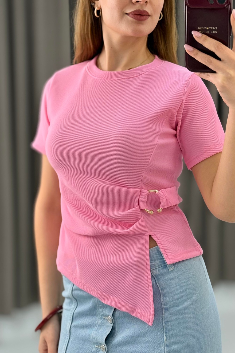 Kadın Yan Tokalı Asimetrik Kesim Kakorse Kısa Kollu Bluz Pembe