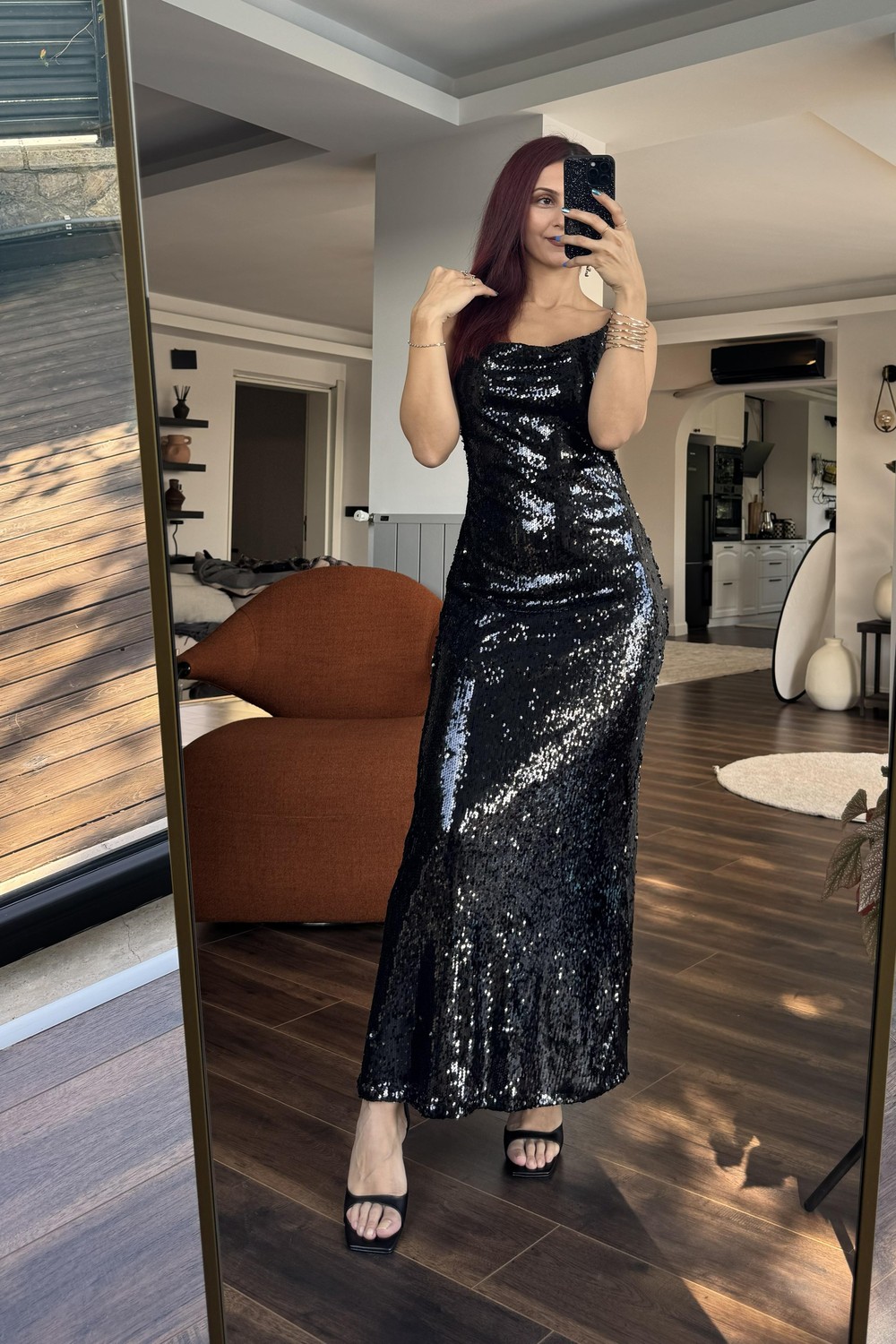 Kadın Full Payet İşlemeli İnce Askılı Şık Gece Elbisesi Siyah
