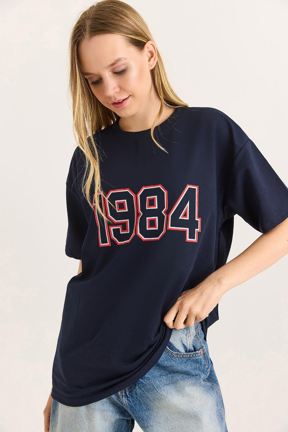 1984 Baskılı Oversize Tshirt Lacivert