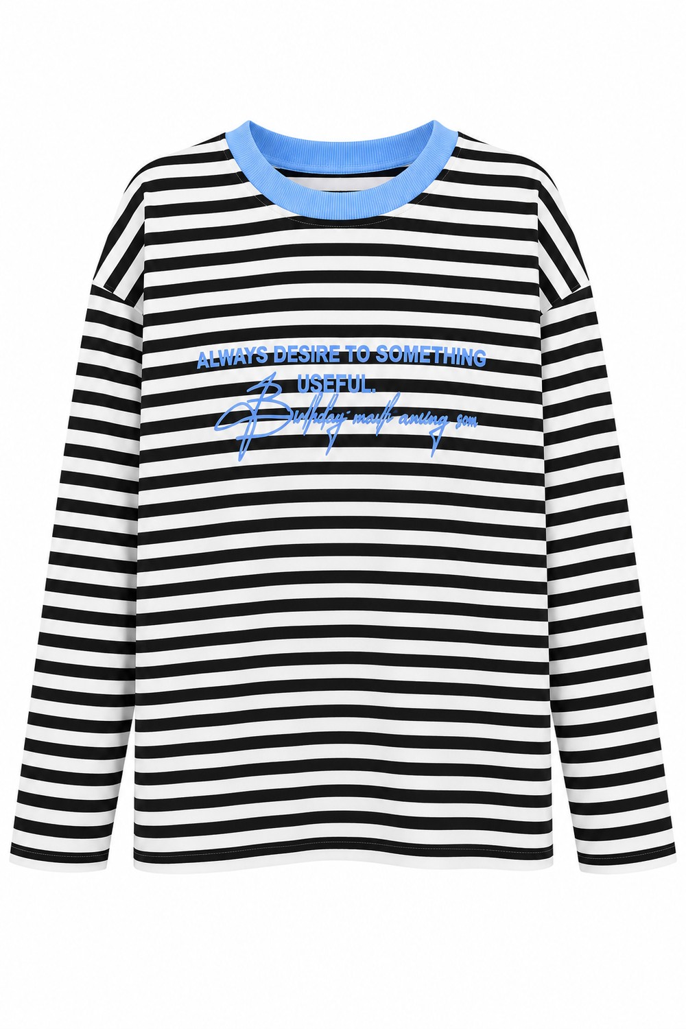 Kadın Bisiklet Yaka Baskılı Çizgili Sweatshirt Mavi