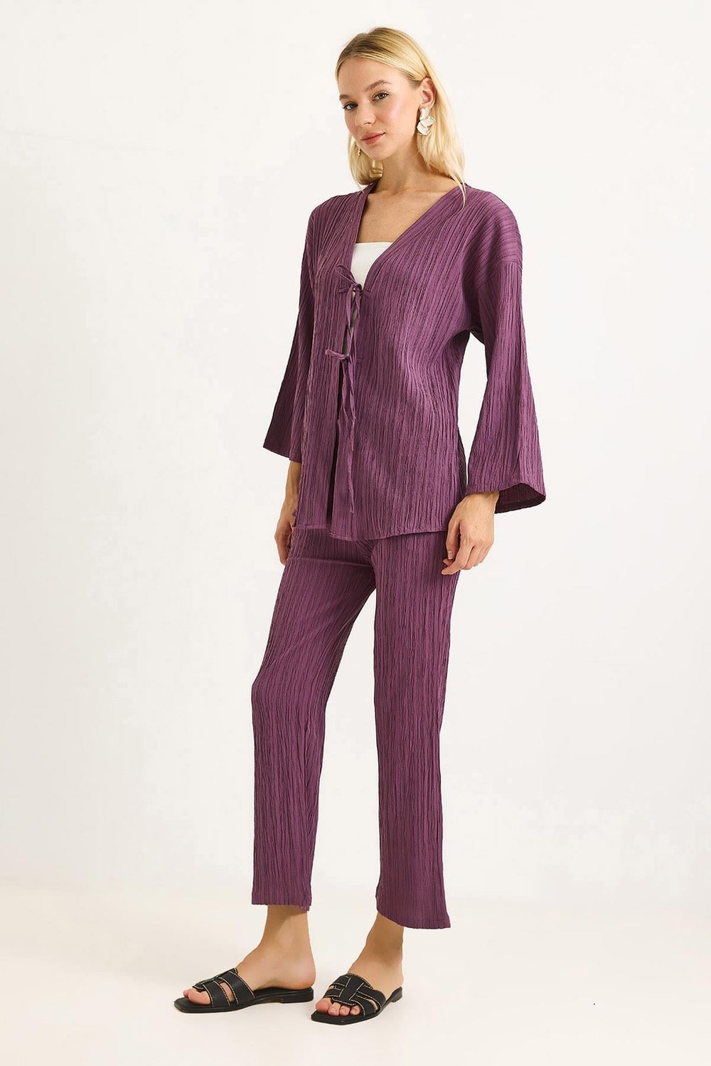 Kimonolu Pantalon Krınkıl Takım Mürdüm