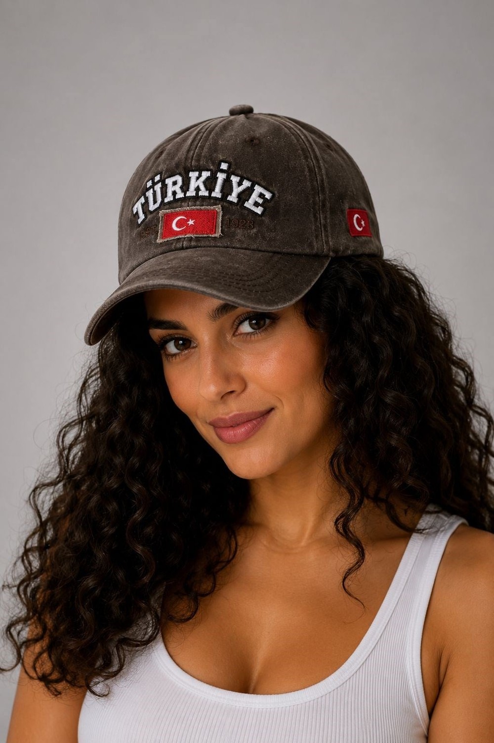 Ayarlanabilr Yıkanmış Kot TÜRKİYE Yazı Baskılı Şapka Kahverengi