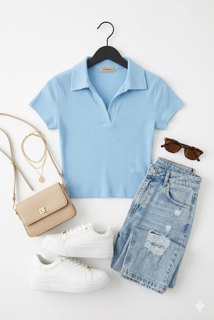 Polo Yaka Basıc Kısa Kollu Örme Kaşkorse Crop Bluz Bebe Mavisi