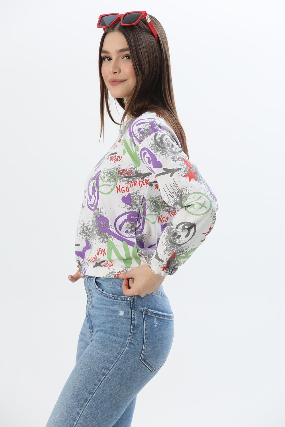 Bisiklet Yaka Desenli Sweatshirt Beyaz