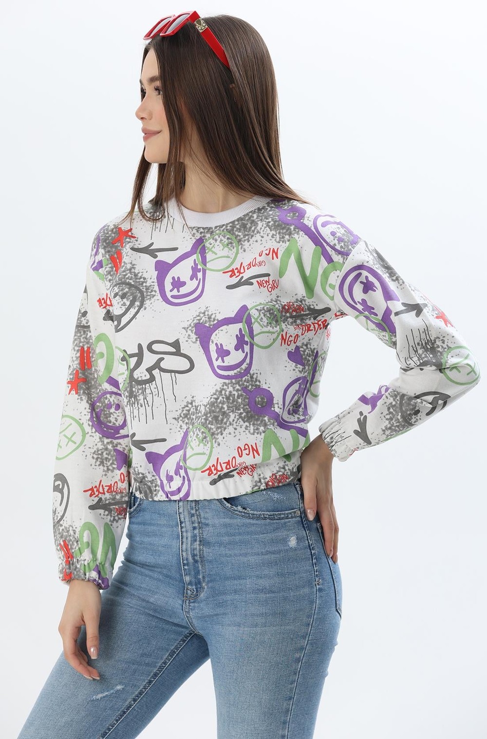 Bisiklet Yaka Desenli Sweatshirt Beyaz