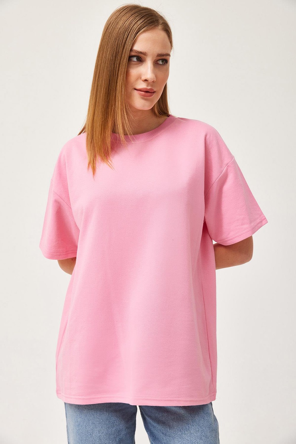 Basic Bisiklet Yaka Tshirt Pembe