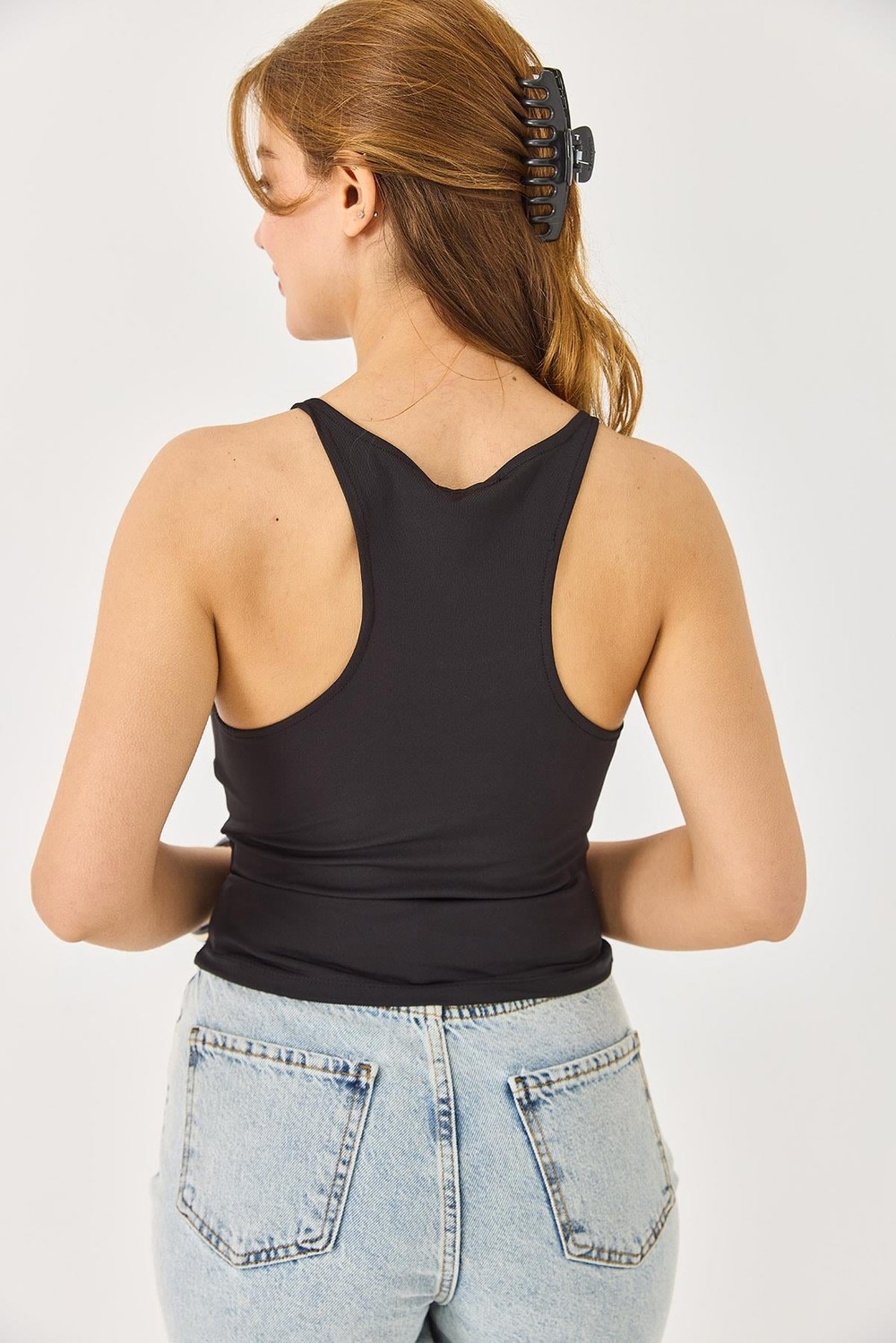 Kadın Göğsü Dolgulu Askılı Crop Bluz Siyah
