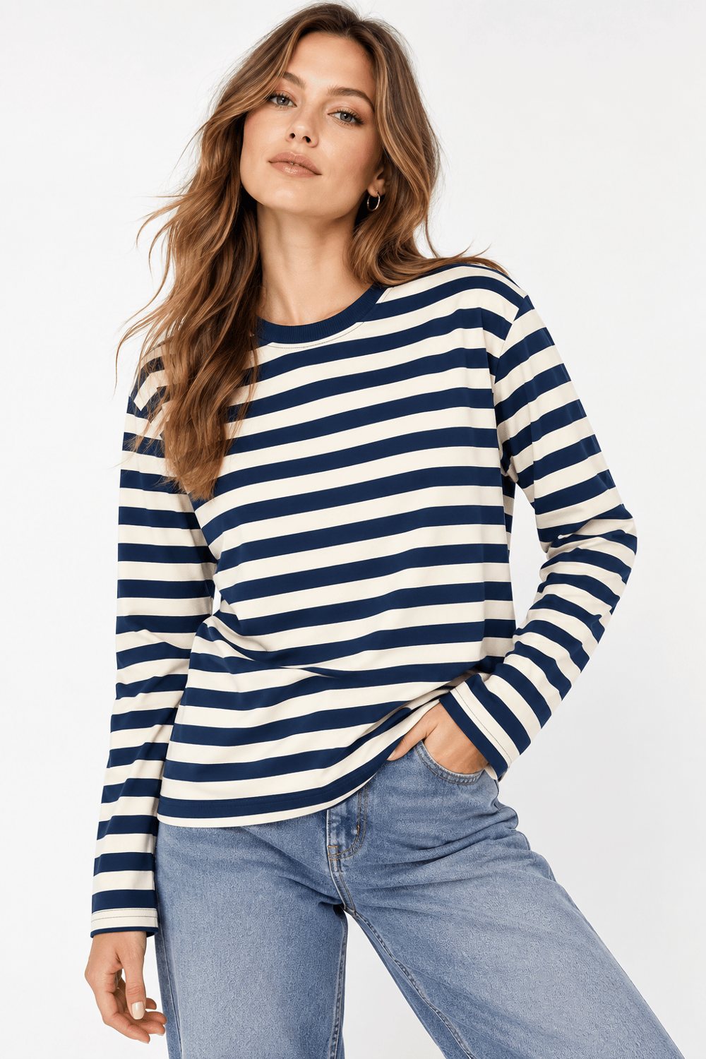 Kadın Çizgi Desenli Sweatshirt Lacivert