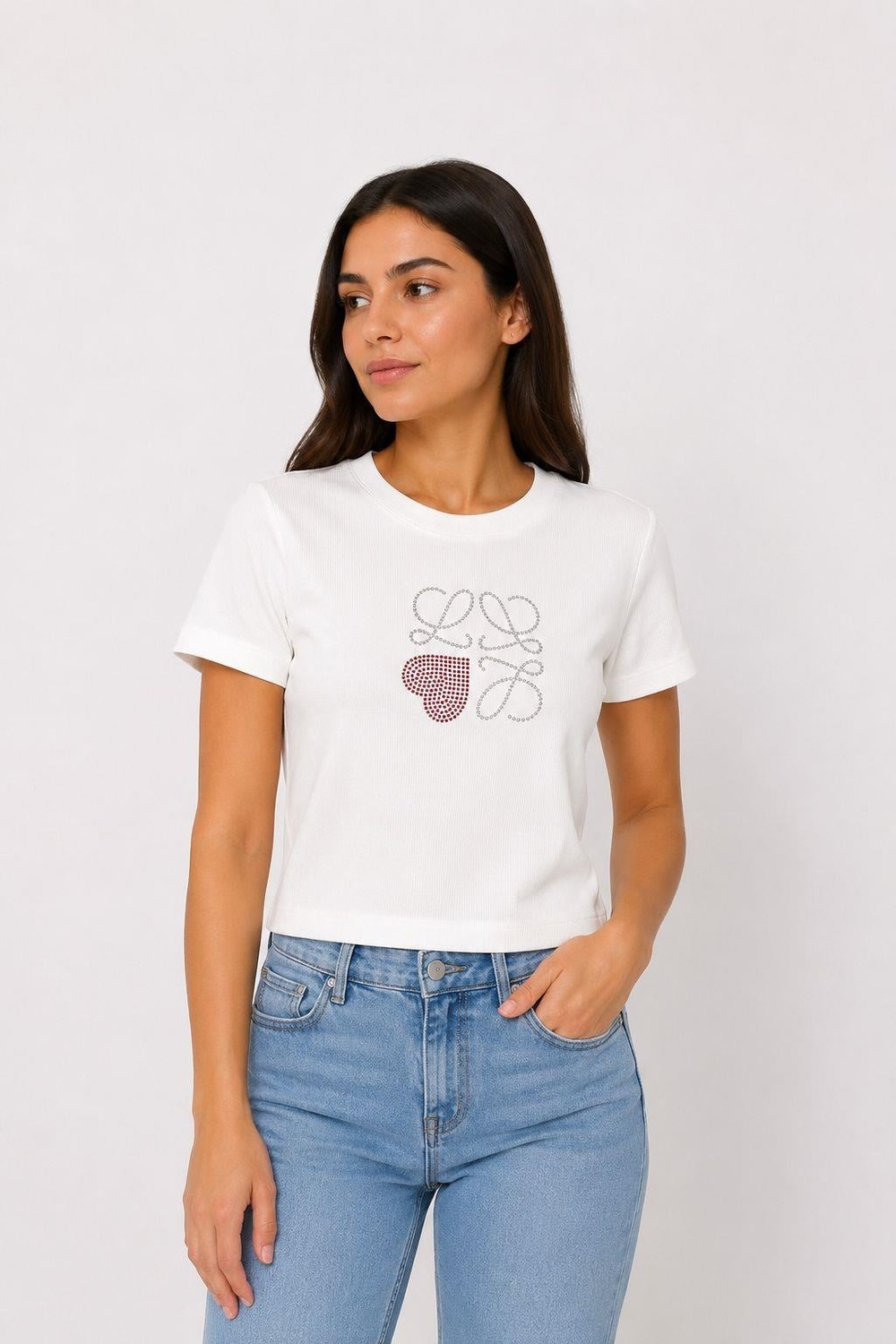 Kadın Taşlı Bisiklet Yaka Crop Bluz Beyaz