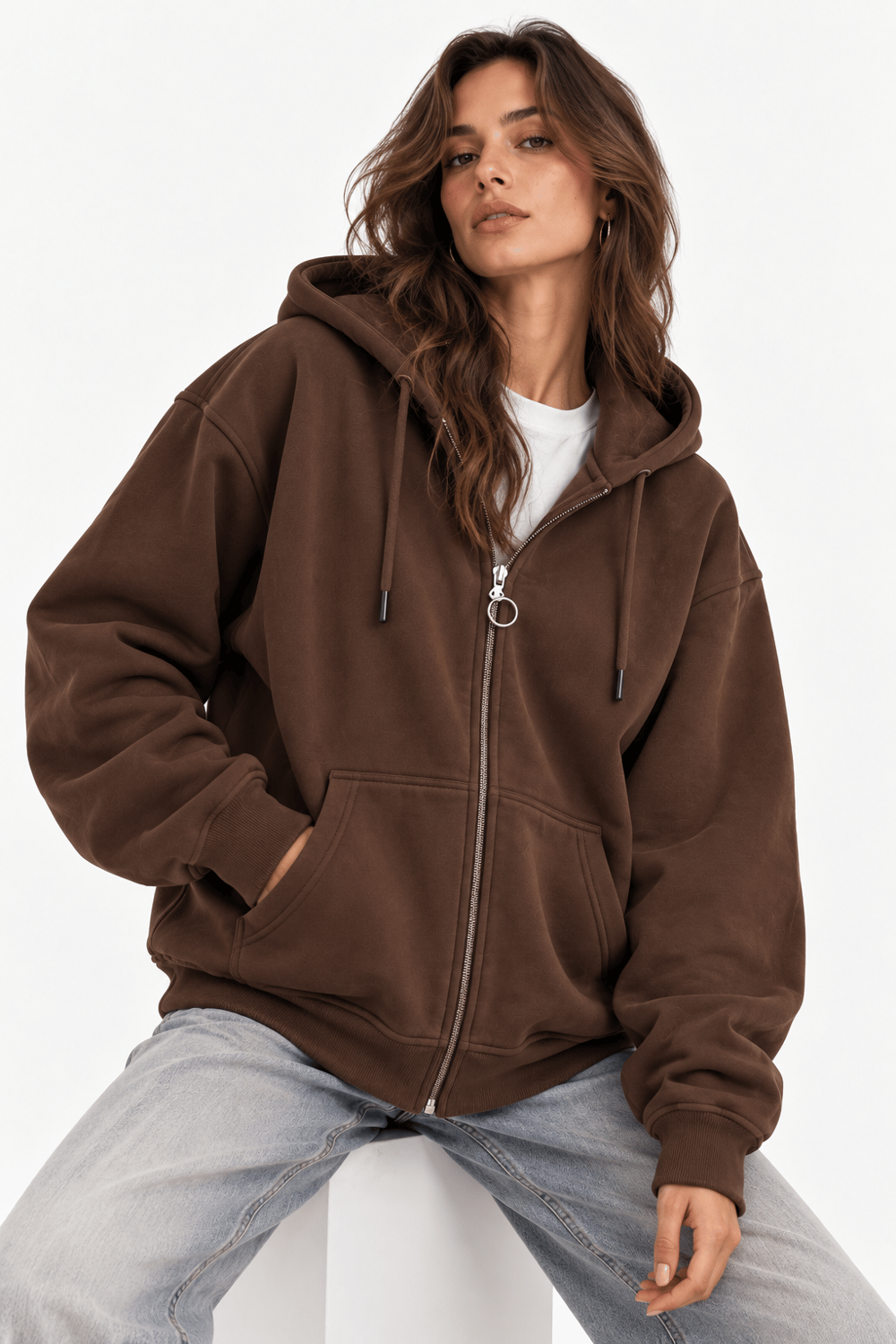 Kapüşonlu Fermuarlı Cepli Oversize Şardonlu Sweatshirt Kahve