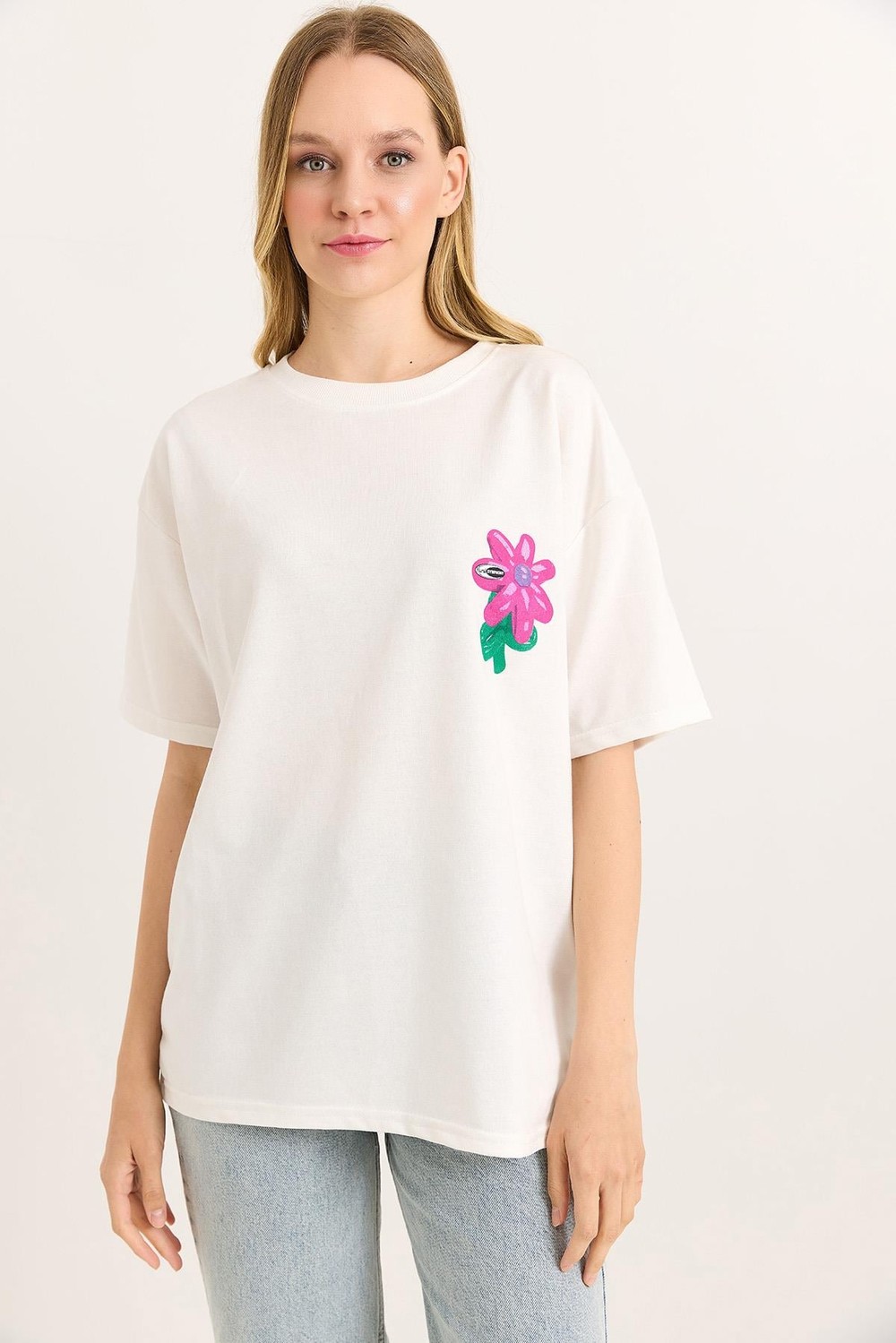 Baskılı Bisiklet Yaka Basic Tshirt Beyaz