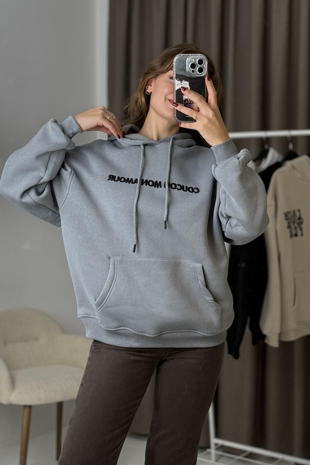 Oversize Kapüşonlu KangurU  Cepli Sweatshirt Füme