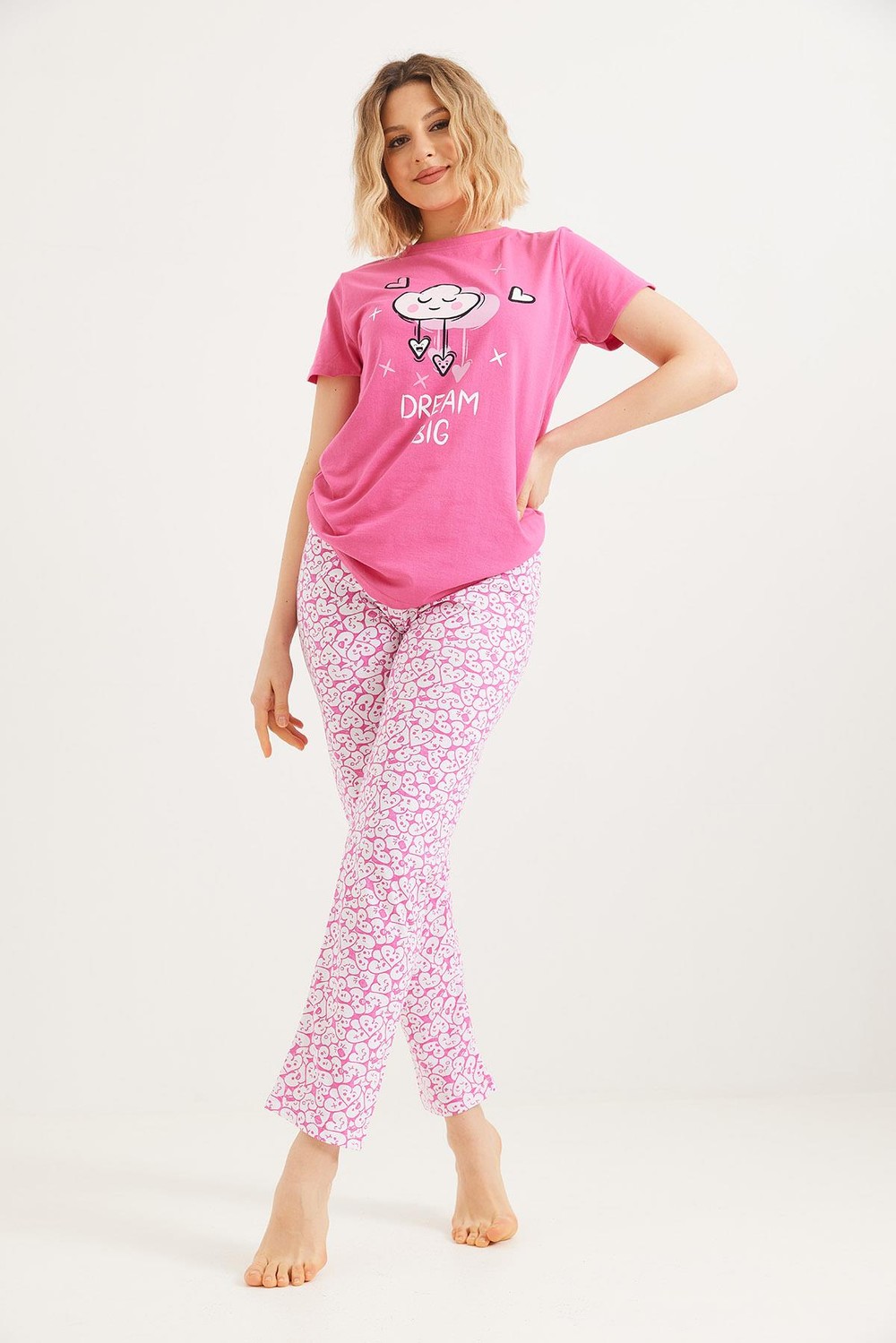 Baskılı Kısa Kol Pijama Takım Pembe