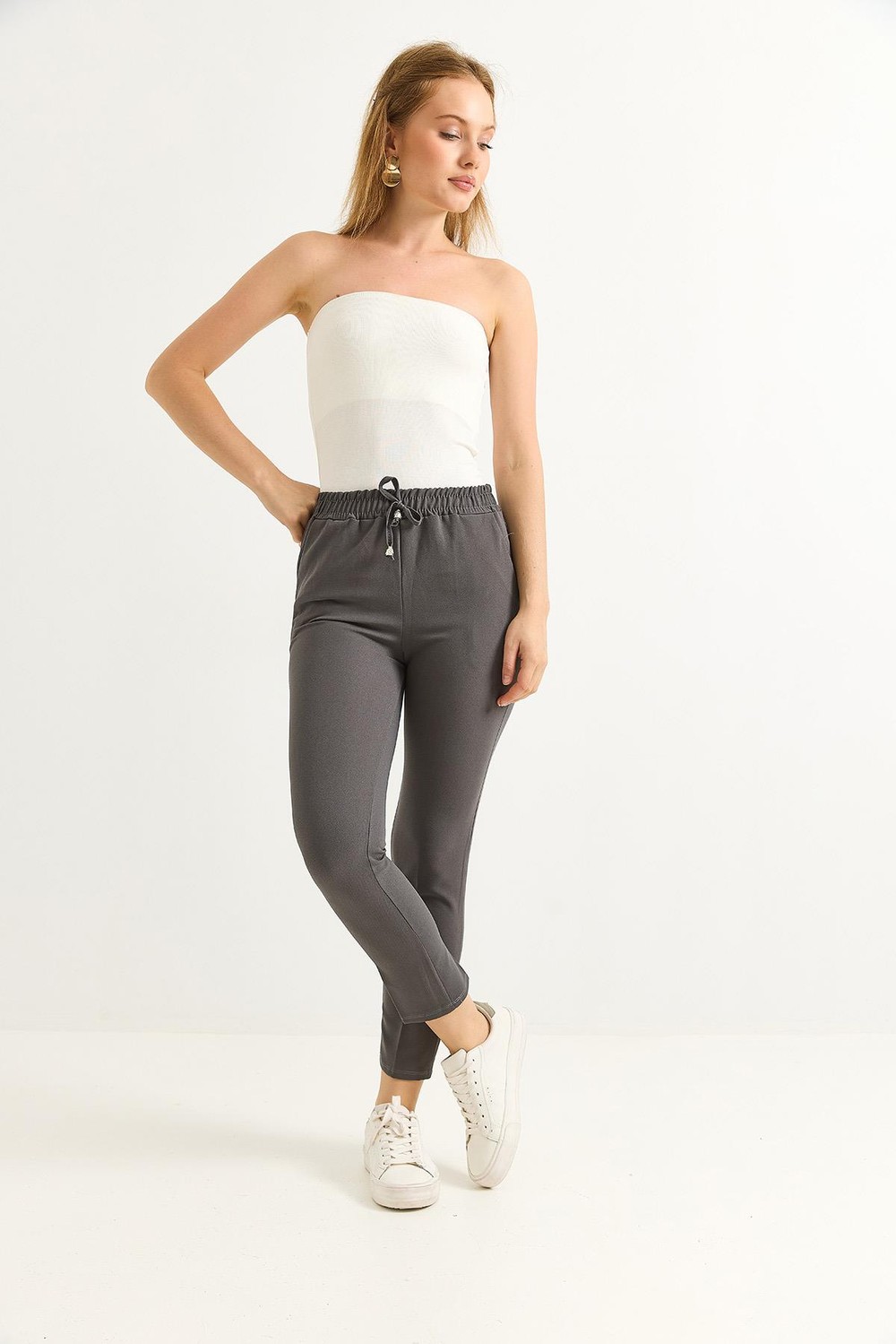 Beli Lastikli Kısa Paça Double Krep Pantolon Füme