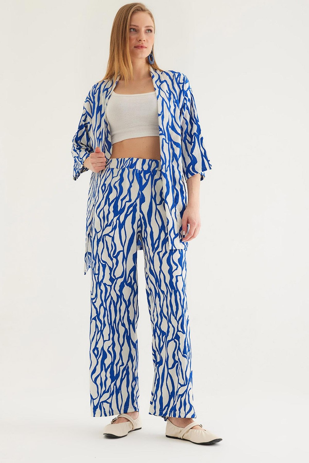 Kimono Pantolon Krinkıl Kadın İkili Takım Mavi