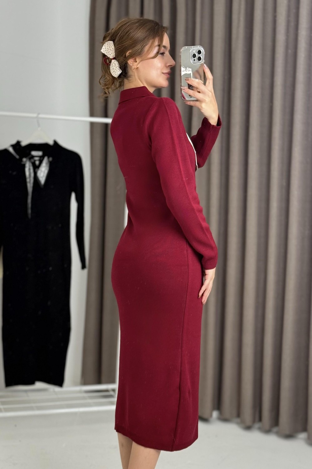 Fularlı Bordo  Triko Düğmeli Midi Boy Triko Elbise