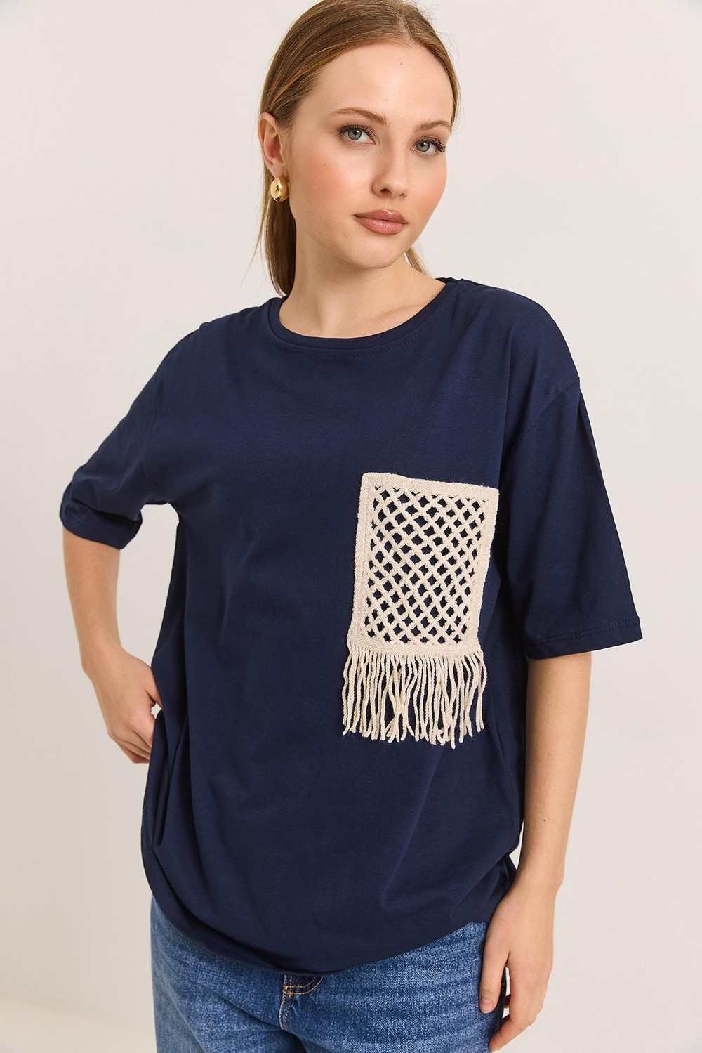 Hasır Cepli Yumuşak Dokulu Fit Tshirt Lacivert