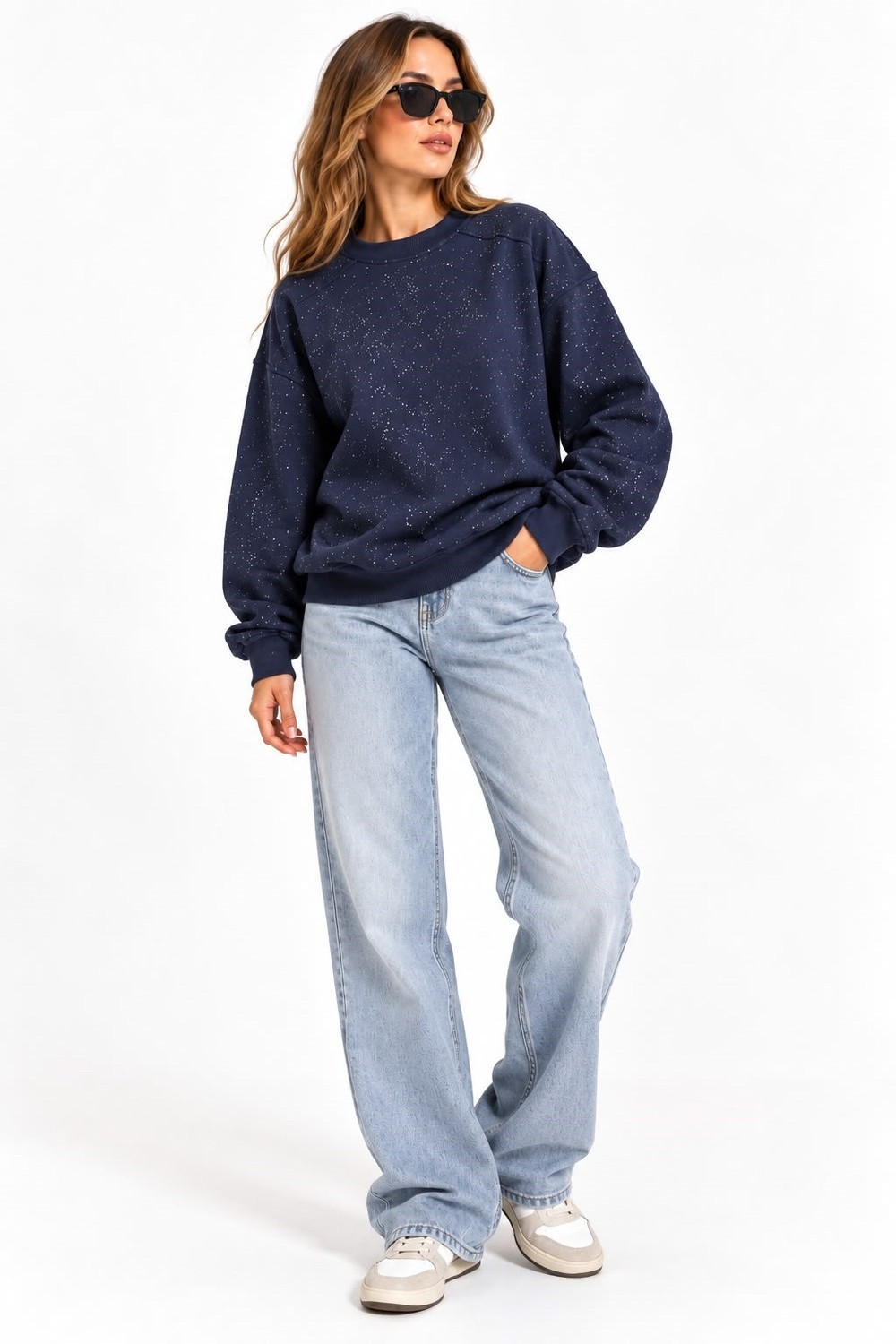 Kadın Bisiklet Yaka Işıltılı 3 iplik Sweatshirt Lacivert