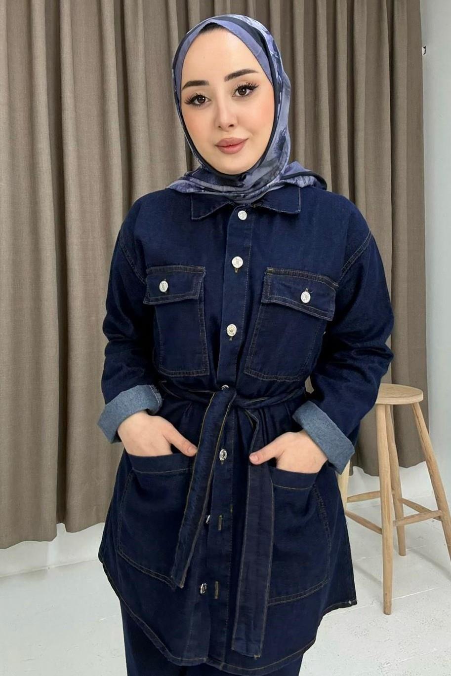 Kadın Kuşaklı Kot Ceket Ve Pantolon Cep Detaylı Takım Lacivert 