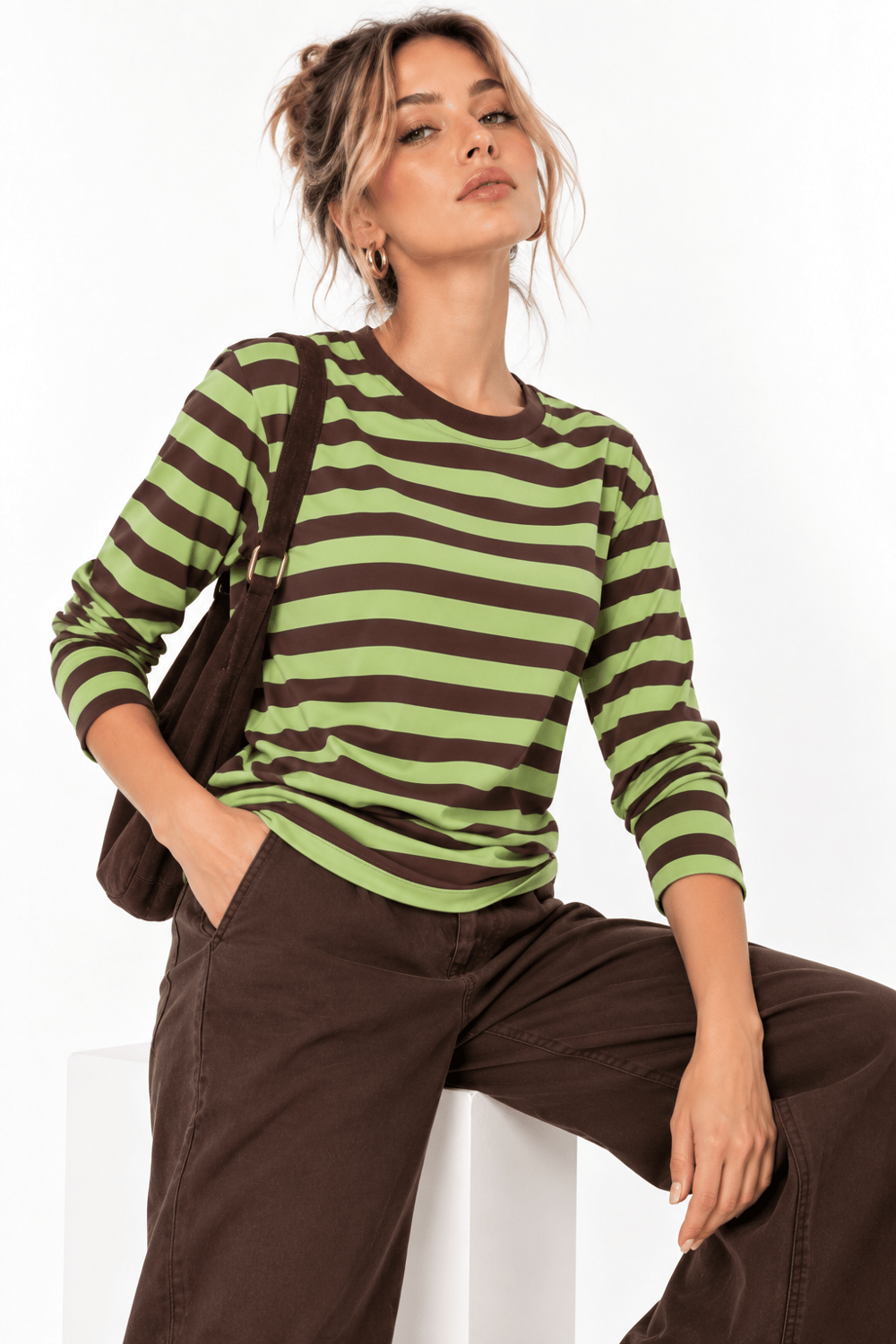 Kadın Çizgi Desenli Sweatshirt Yeşil