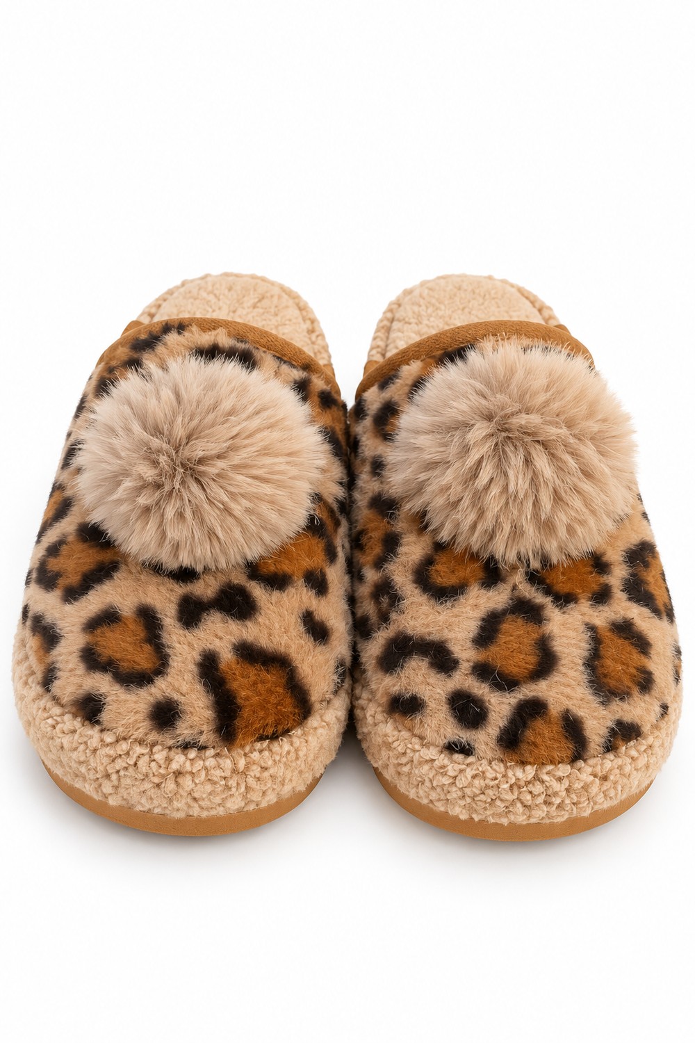  Leopar Desenli Ponponlu İçi Peluş Kürklü Kalın Tabanlı Ev Terliğ Vizoni