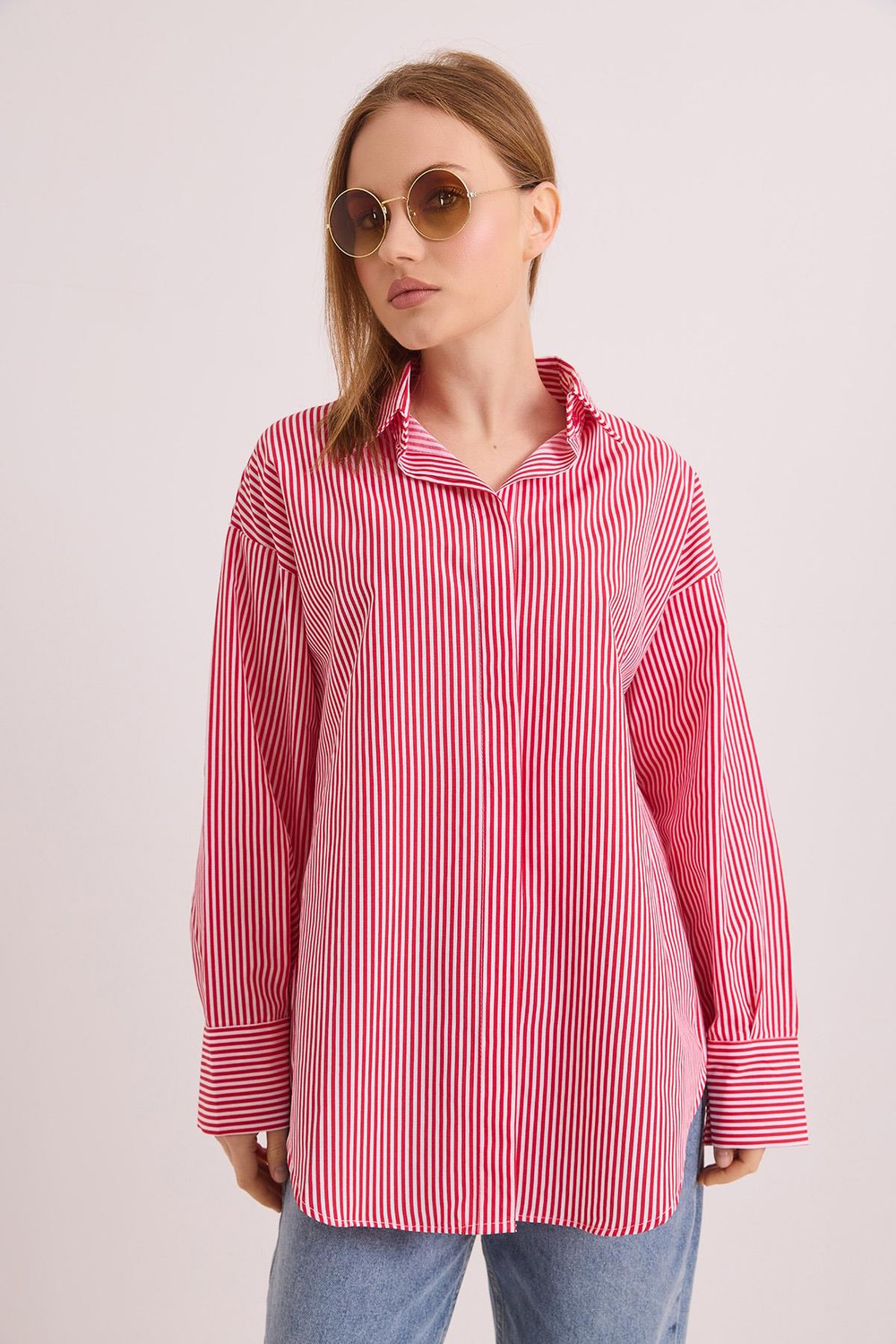 Çizgili Oversize Basic Gömlek Kırmızı