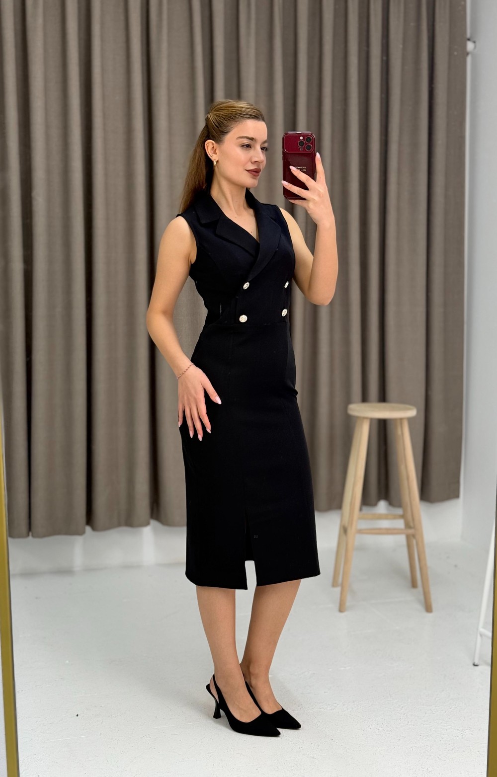 Kruvaze Yaka Wrap Blazer Midi Boy Elbise Siyah