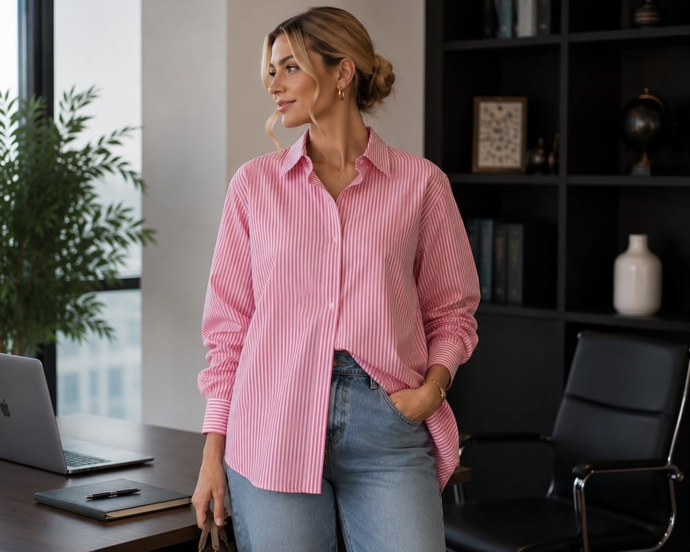 Çizgili Oversize Basic Gömlek Pembe