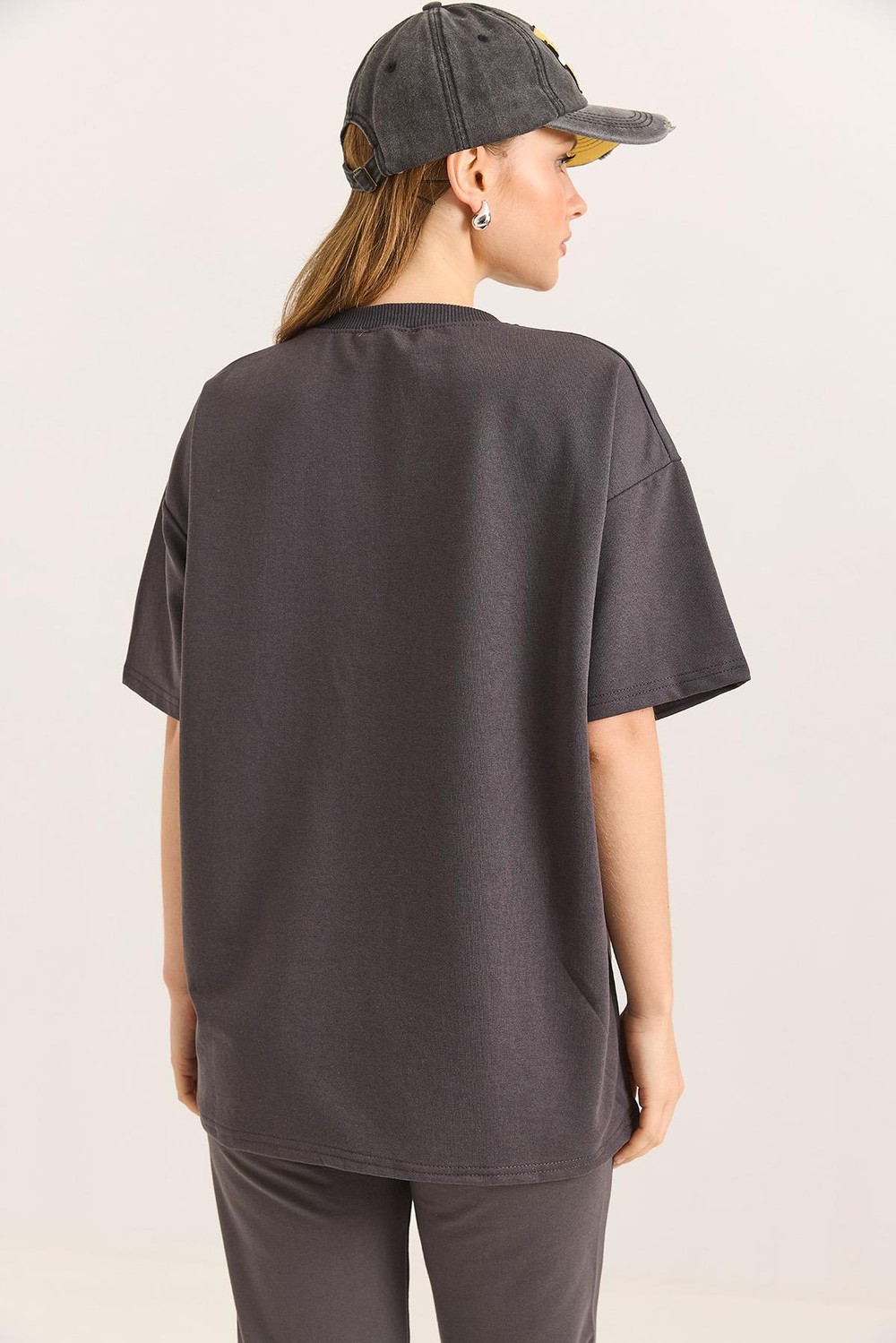 Duck Nakışlı Oversize İki İplik Tshirt Füme