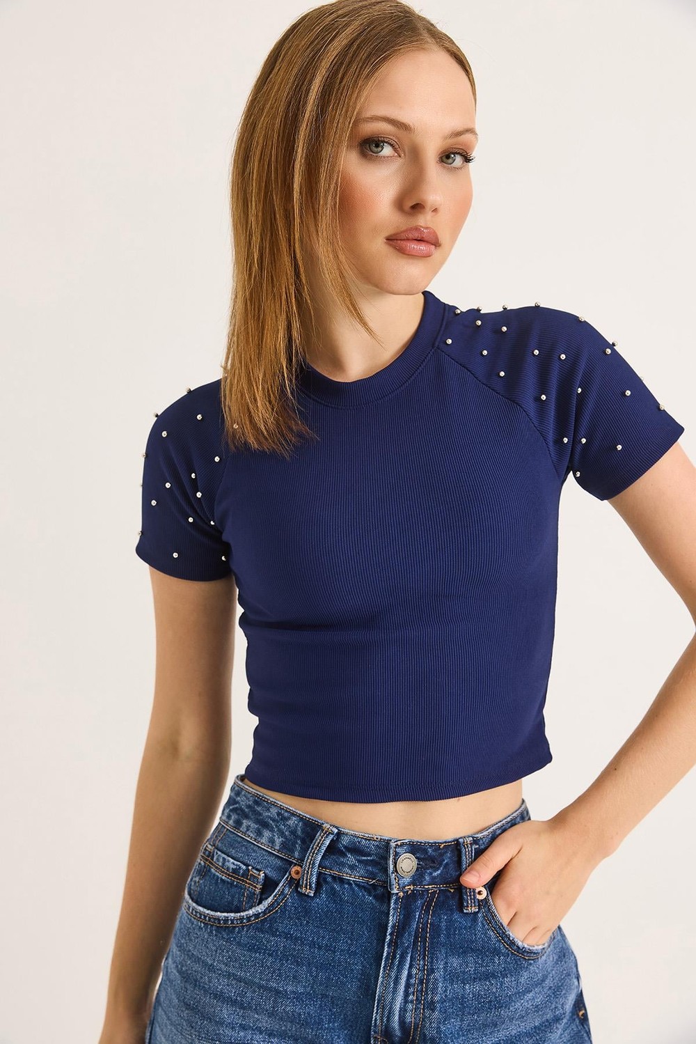 Regular Taş Detaylı Ottoman Crop Bluz Saks
