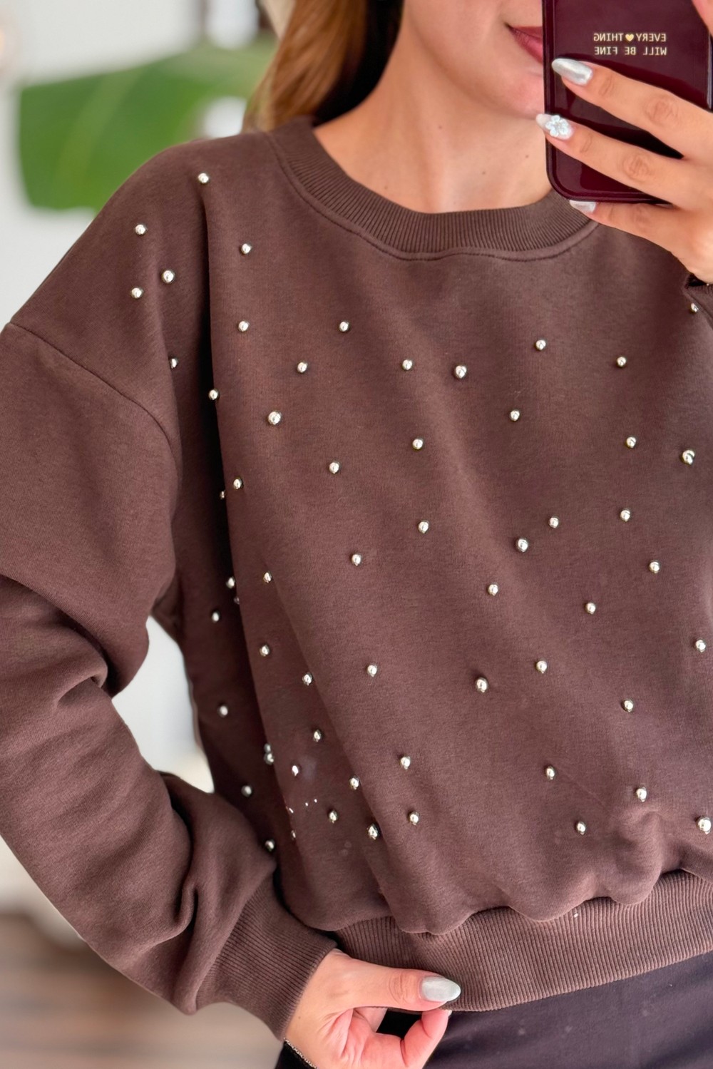Kadın Bisiklet Yaka Taş Detaylı Sweatshirt Kahverengi