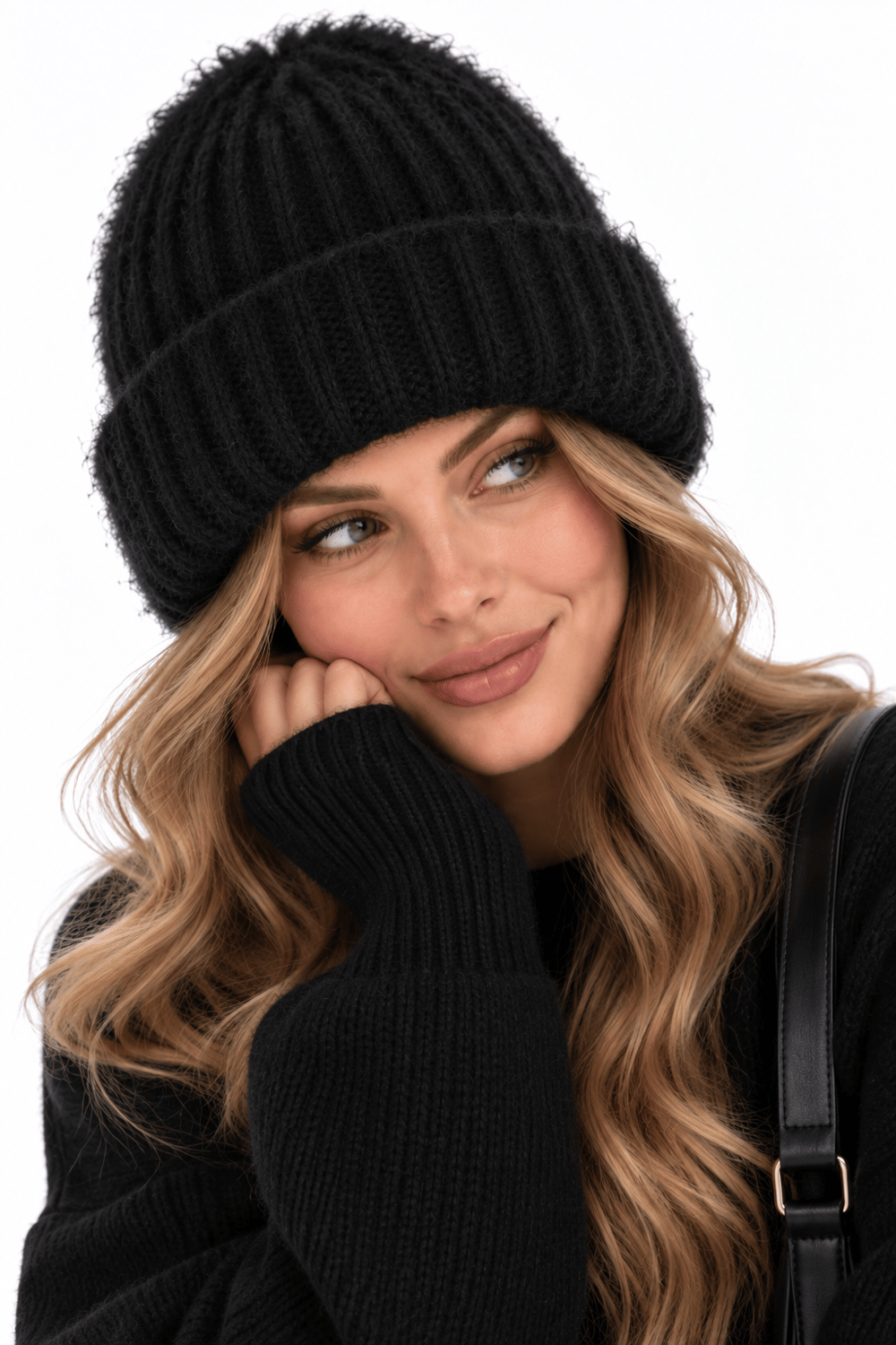 Kadın Yumuşak Dokulu Tüylü Örgü Katlamalı Bere Siyah