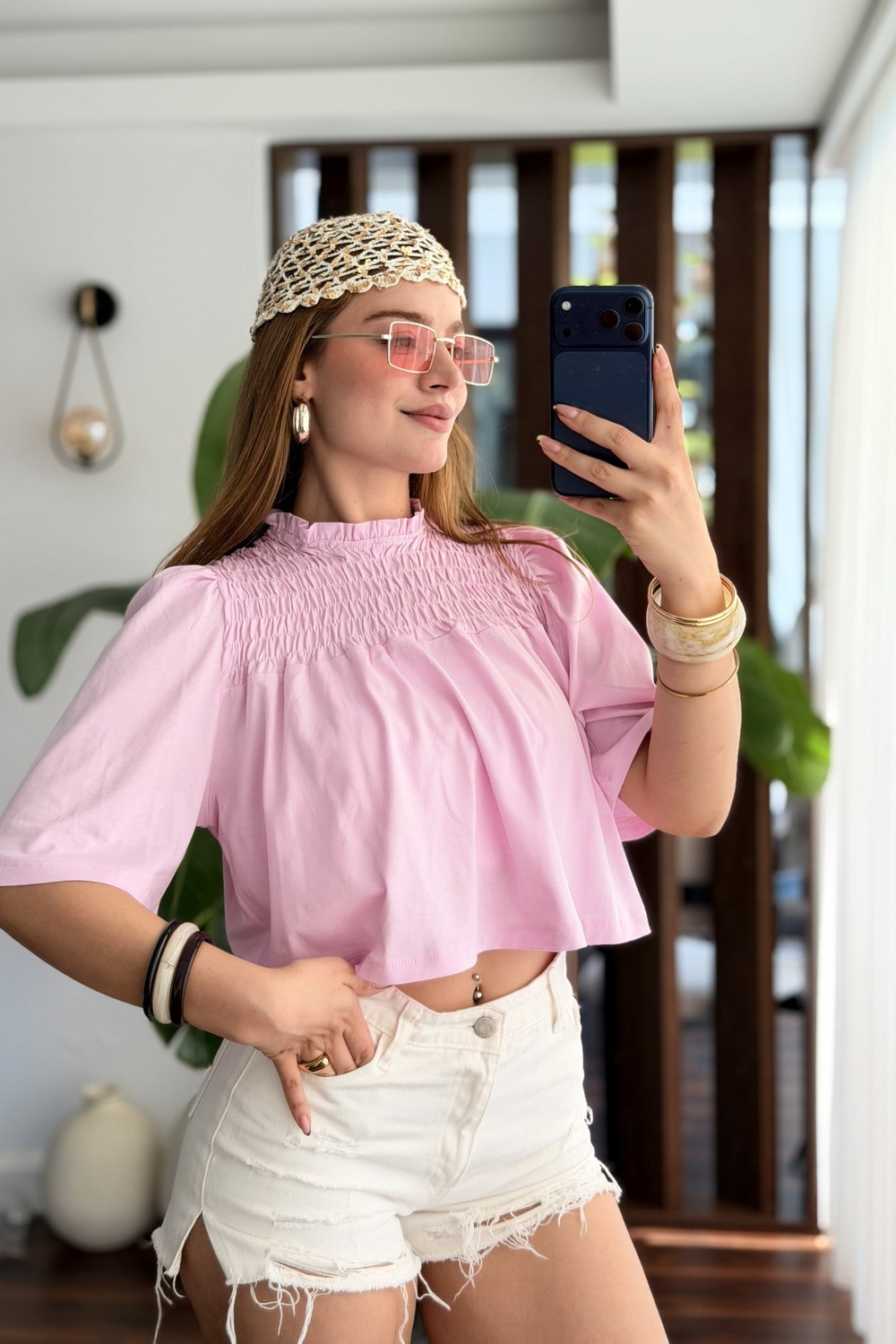 Kadın Bisiklet Yaka Göğsü Gipeli Kısa Kol Crop Bluz Pembe
