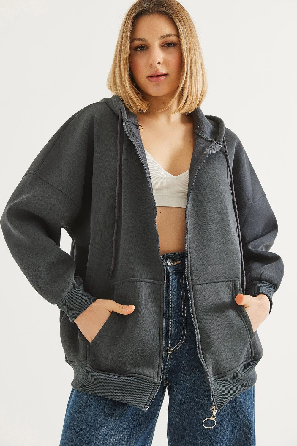 Kapüşonlu Fermuarlı Cepli Oversize Şardonlu Sweatshirt Antrasit