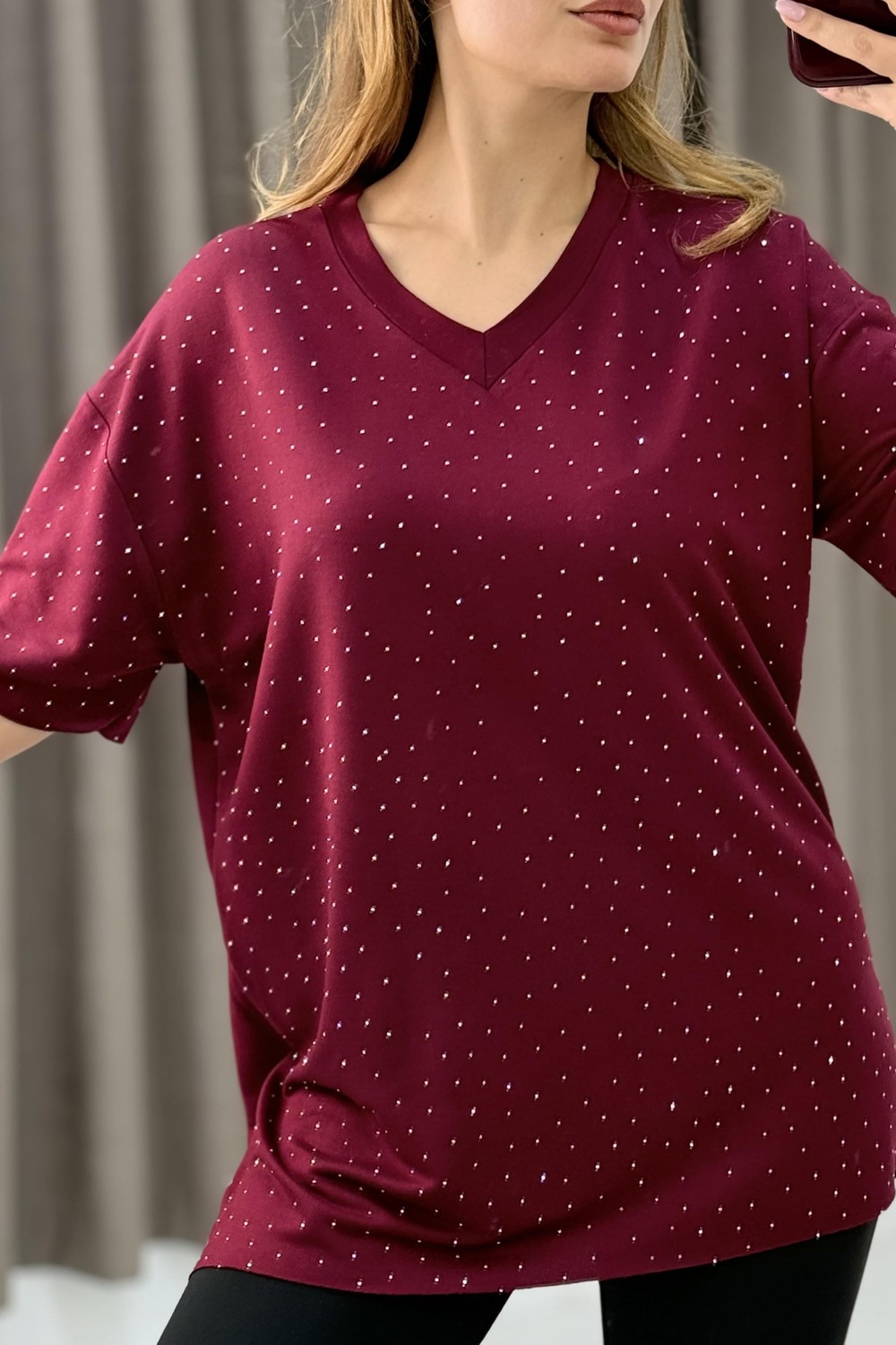 V Yaka Taşlı Yarım Kol T-shirt Bordo