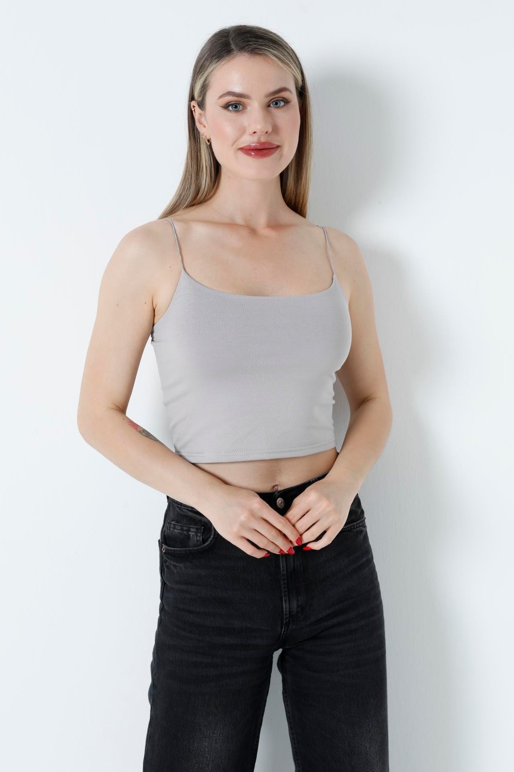 İp Askılı Crop Bluz Gri