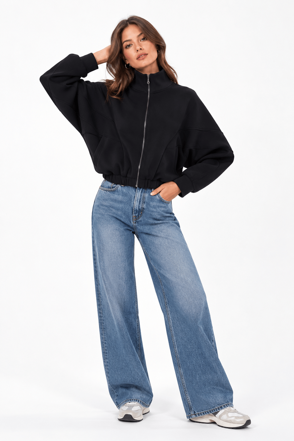 Kadın Balıkçı Yaka Fermuarlı Beli Büzgülü Sweatshirt Siyah